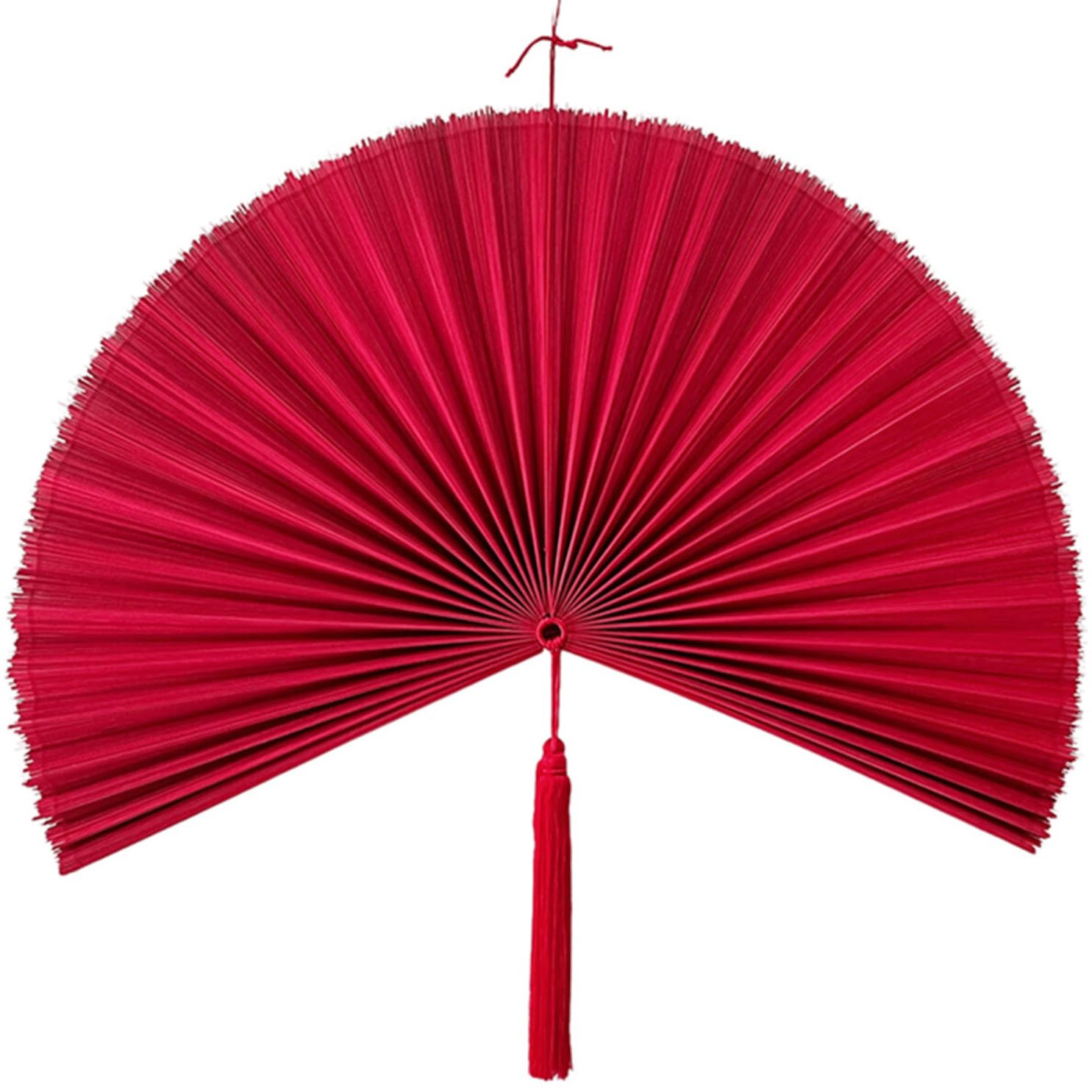 Large Folding Bamboo Wall Fan Decor - 47in Handmade Boho Fan Wall Art, Over Bed Headboard Decor for Bedroom, Living Room, and Patio - Red (M)