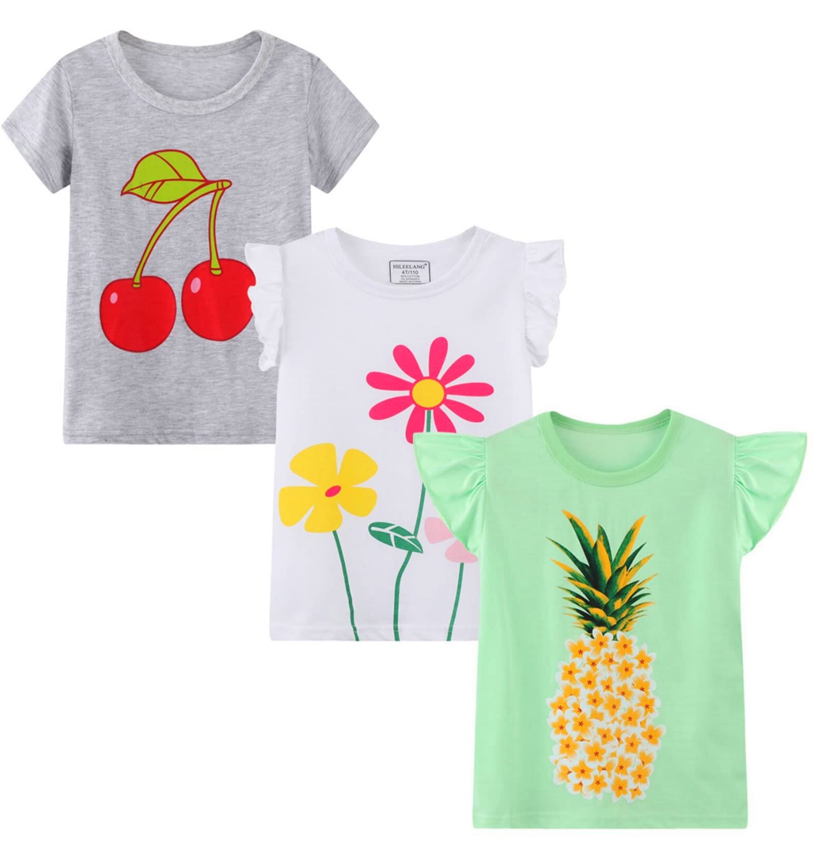 HILEELNAG Girls' Short Sleeve Cotton Graphic T-Shirts - 3 Pack Casual Summer Tops for Easter, School, Playdates & Outdoor Activities