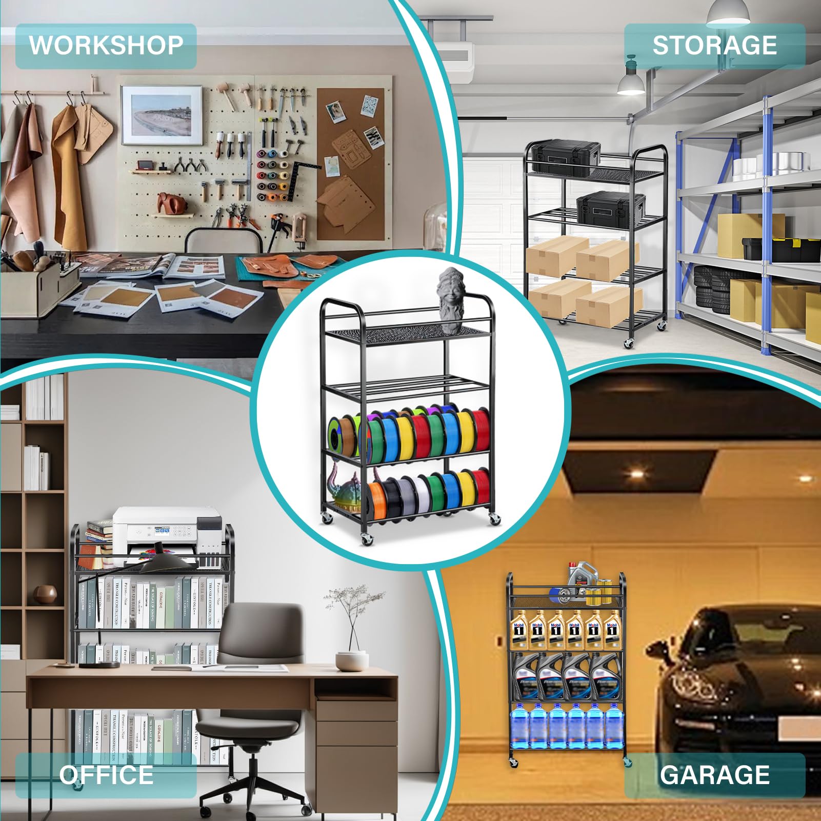 4-Layer Heavy-Duty Metal Filament Rack for 3D Printers - Adjustable Large Capacity Spool Holder with Rolling Wheels | Perfect for PLA, TPU Filament Storage in Home Studios & Maker Spaces