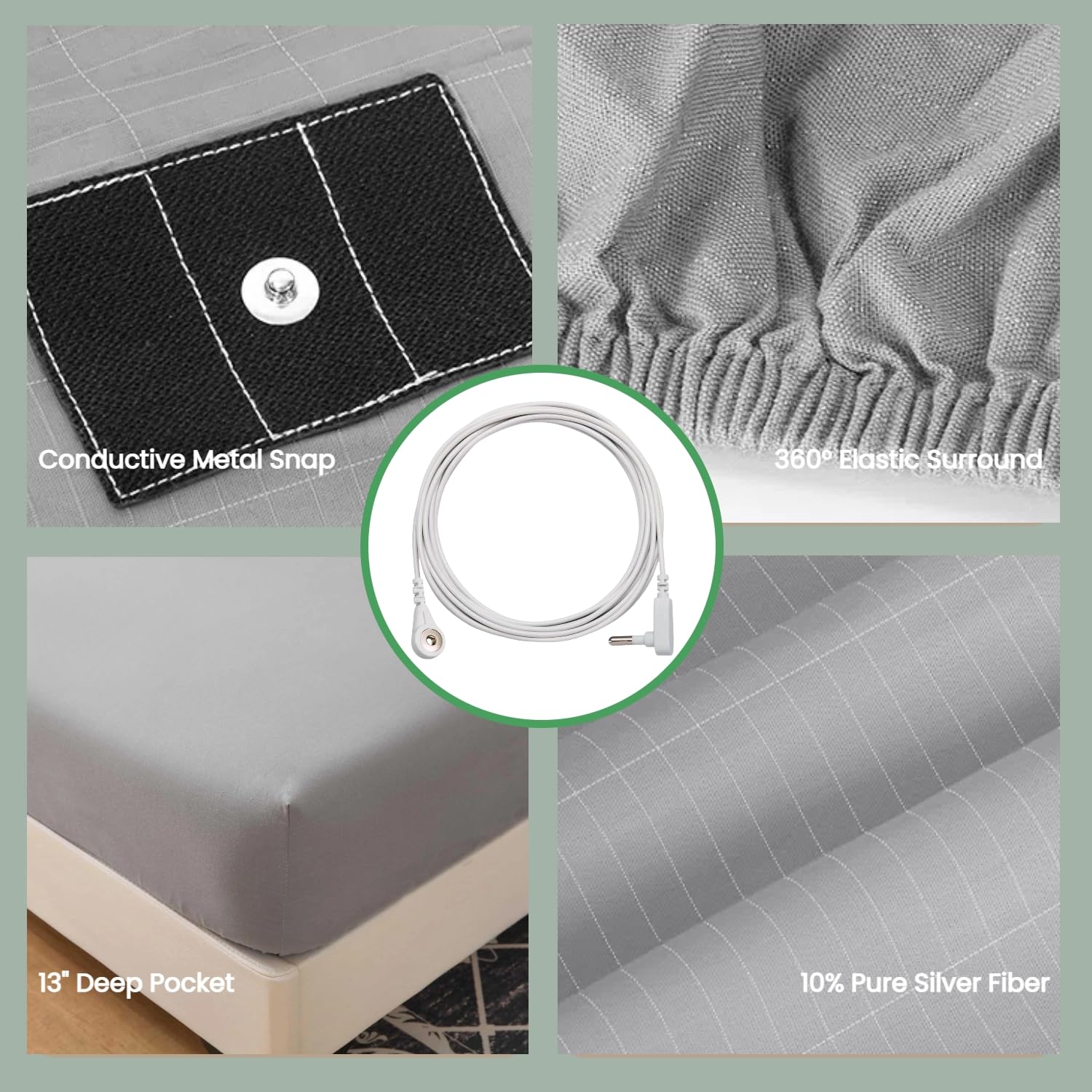 GLUYOHEY Grounding Fitted Sheet - Queen Size 90% Organic Cotton & 10% Silver Fiber Earthing Sheet with Conductive Cord for Better Sleep | Anti-Static, Stress Relief & Improved Circulation | Perfect for Home, Travel & Wellness Retreats (Gray)