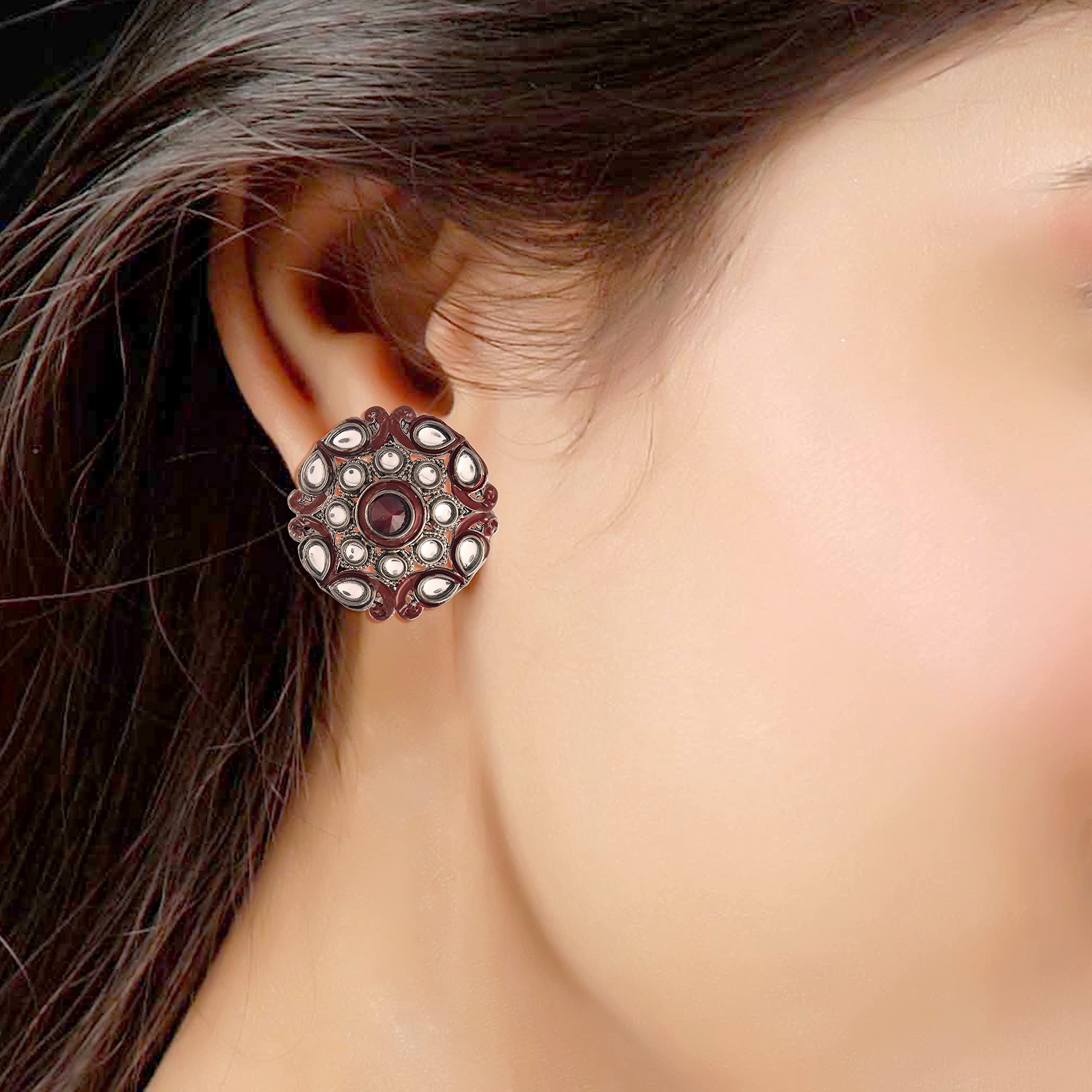 Exquisite Silver Oxidized Indian Wedding Earrings - Bollywood Style Kundan & Meenakari Circular Stud Earrings for Women (E2931) | Perfect for Bridal Jewelry, Festive Occasions and Ethnic Fashion Accessories