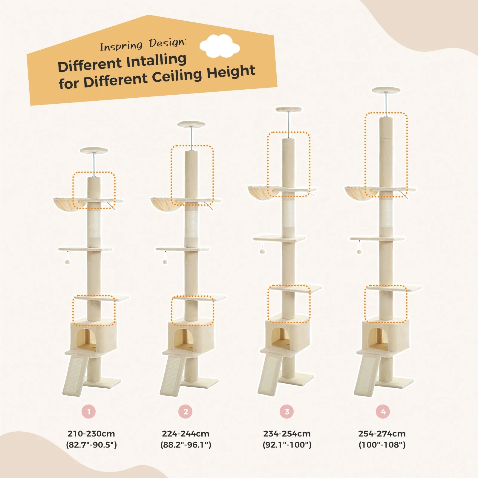 Premium Cat Scratcher & Condo Bed - Ceiling High Cat Tree with Scratching Posts & Cozy Perch, Beige | Perfect for Indoor Cats, Small Spaces & Multi-Cat Homes
