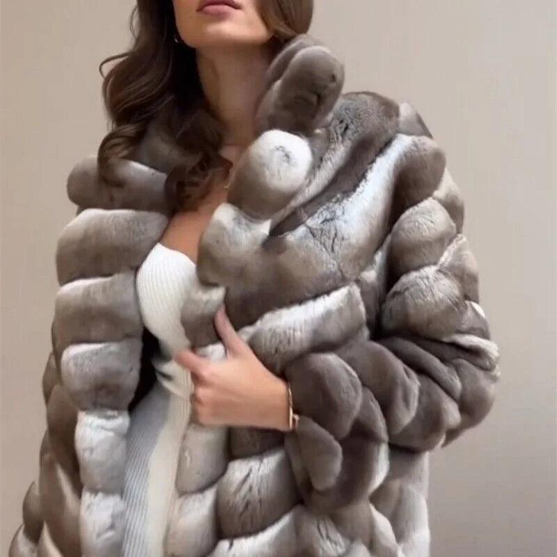 Luxury Women's Long Rex Rabbit Fur Overcoat - Chinchilla Look Winter Coat for Women | Warm Fashion Outerwear for Cold Weather, Parties & Special Occasions