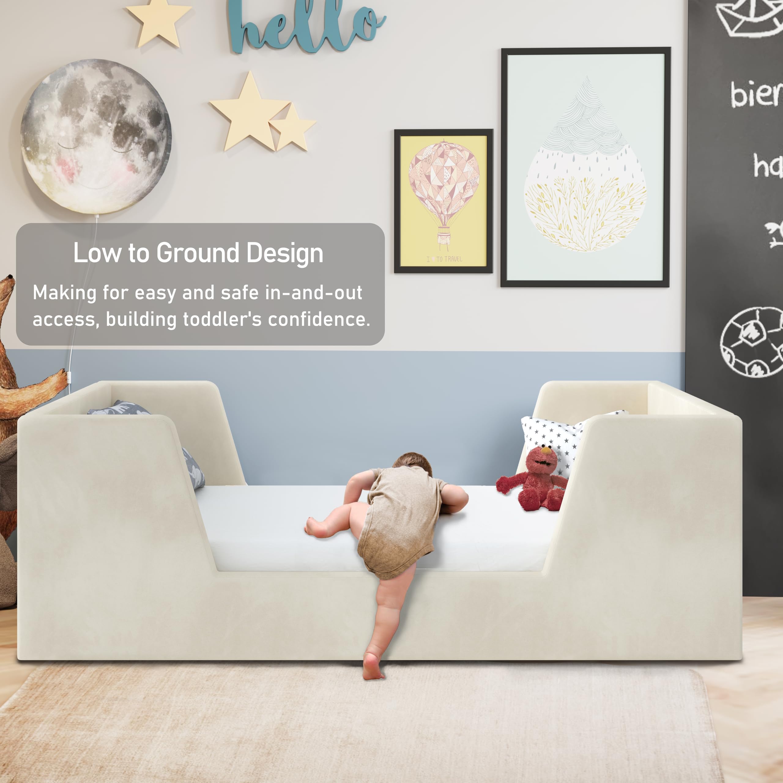 **Toddler Floor Bed with Guard Rails - Safe Kids Bed for Ages 2-6 Years - Standard Crib Mattress Compatible - Certified Fabric Toddler Bed for Boys & Girls - Perfect for Montessori Bedrooms & Small Spaces**