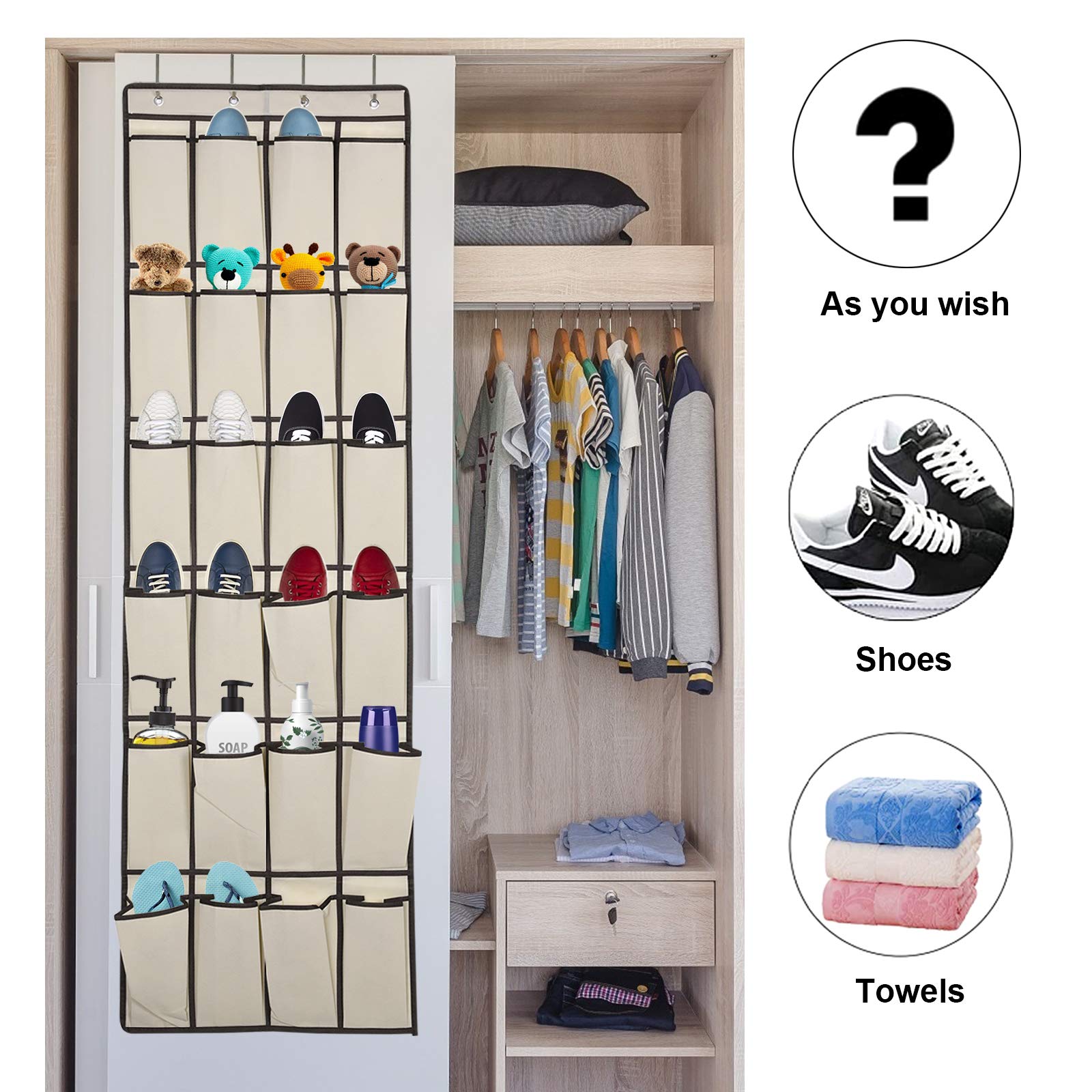 LAIGOO Over the Door Shoe Organizer - 2 Pack Hanging Shoe Storage with 24 Large Fabric Pockets & 4 Hooks - Space Saving Closet Organizer for Shoes, Accessories, Toys (60 x 20 inches, Beige) - Perfect for Bedroom, Bathroom, Pantry & Entryway Organization