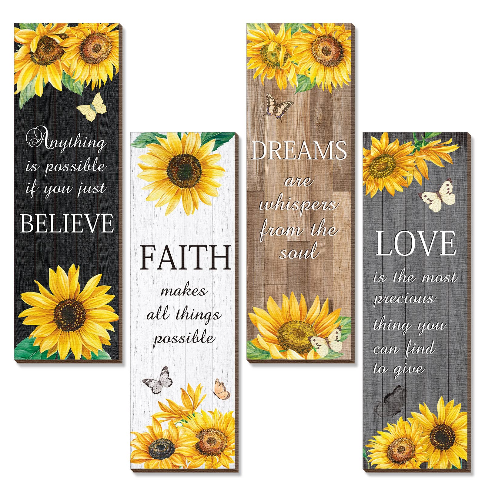 Qunclay 4-Piece Sunflower Wall Decor Set - Rustic Wooden Farmhouse Wall Art with Yellow Flowers for Kitchen, Bathroom, Living Room & Office - Inspirational Home Decor Accessories (Multicolor) - Perfect for Farmhouse, Boho & Vintage Style Interiors