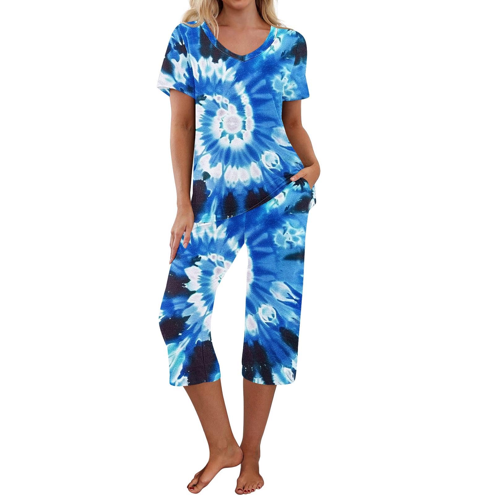 Women's Boho Lounge Sets - Tie Dye Short Sleeve Sleepshirt & Capri Pants 2-Piece Pajama Set with Pockets | Comfortable Sleepwear for Relaxing at Home, Travel & Lounging