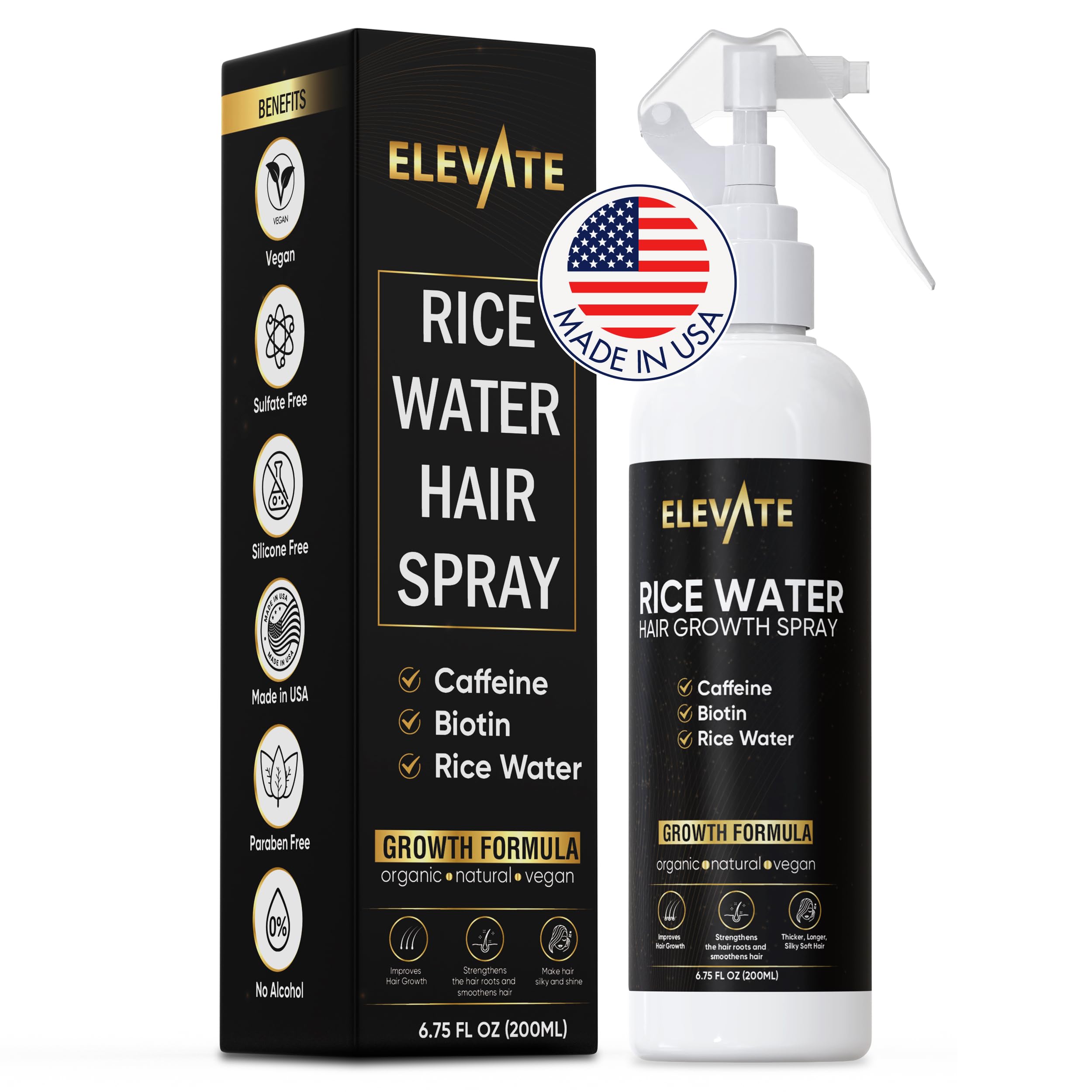 Elevate Rice Water Hair Growth Spray with Biotin, Caffeine & Aloe Vera - Thickening & Nourishing Leave-In Treatment for Thinning, Damaged Hair - Vegan, Non-Greasy Formula for Longer, Softer Locks - Perfect for Daily Hair Care Routine & Styling