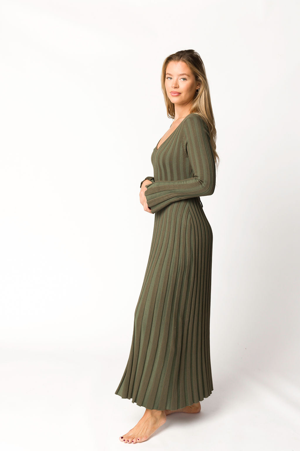 Hadley Long Sleeve V Neck Knit Maxi Dress in Olive - Bump Friendly Maternity Dress for Pregnancy, Nursing & Postpartum | Comfortable Stretchy Fabric for Casual Wear, Date Night & Special Occasions