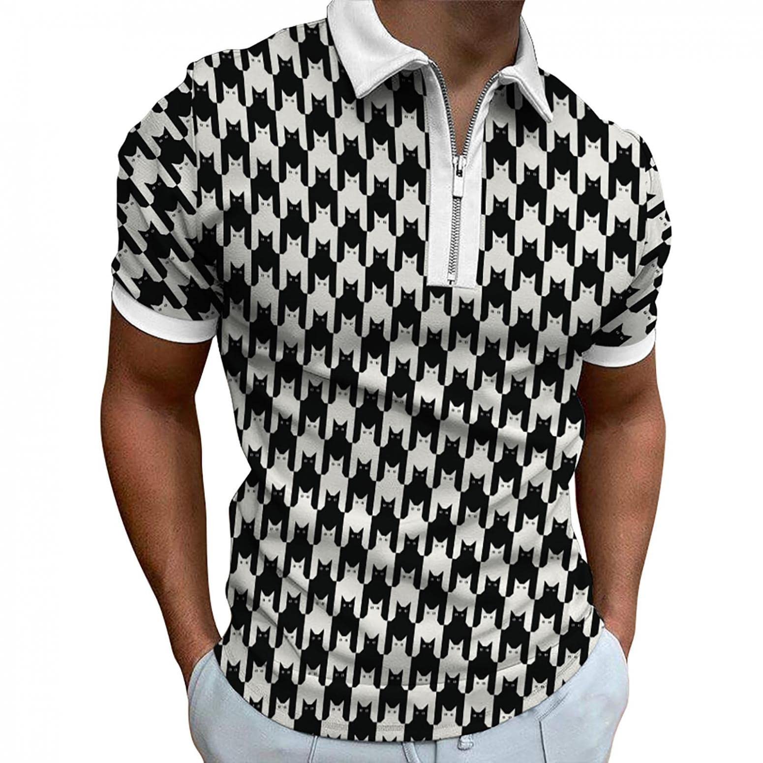 NOLDARES Men's Short Sleeve Polo Shirts with Lapel Zipper - Classic Fit Houndstooth Printed Casual T-Shirts for Business, Golf & Everyday Wear