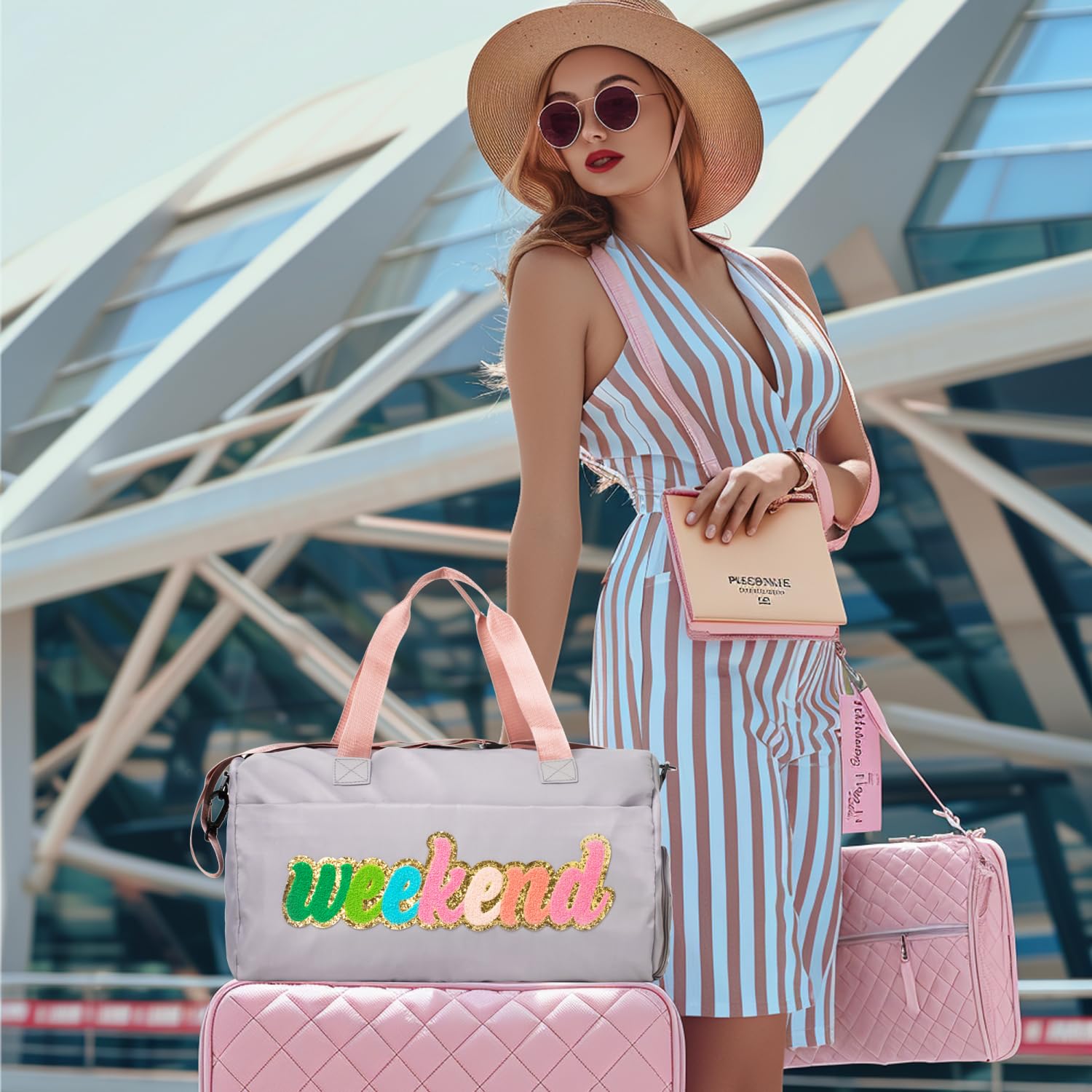 2 Pcs Women's Travel Weekender Bag with Shoe Compartment - Overnight Duffel, Gym & Hospital Toiletry Bag - Preppy Chenille Letter Design for Sleepovers, Weekend Getaways & Workouts