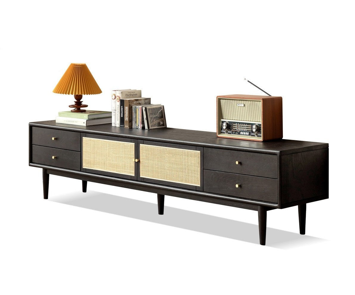 Solid Oak Wood Rattan TV Stand with 4 Drawers - Smoked Finish for Living Room, Bedroom & Home Theater Storage
