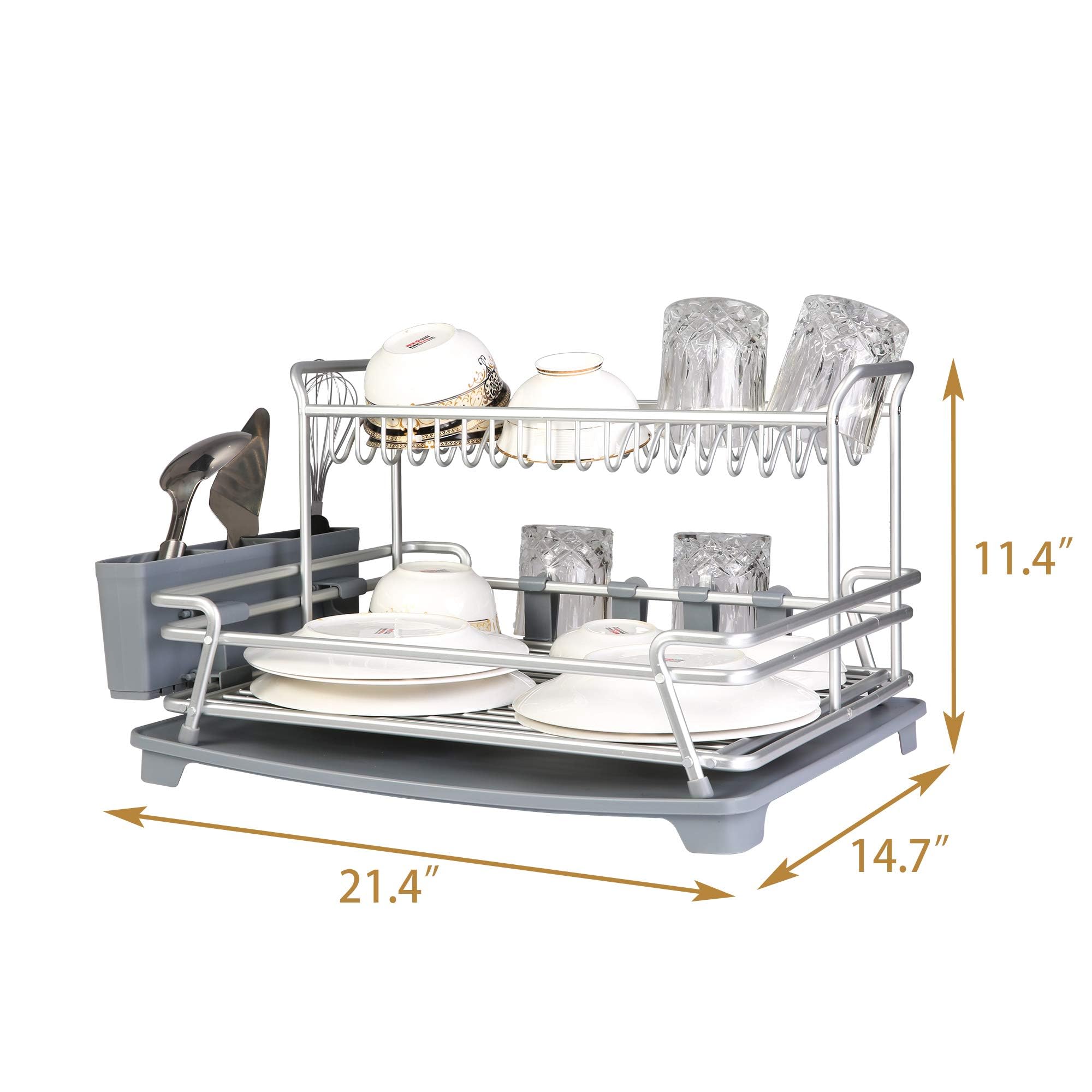 1-Tier & 2-Tier Aluminum Dish Drying Rack with Drainboard - Light Gray & Silver (21.4