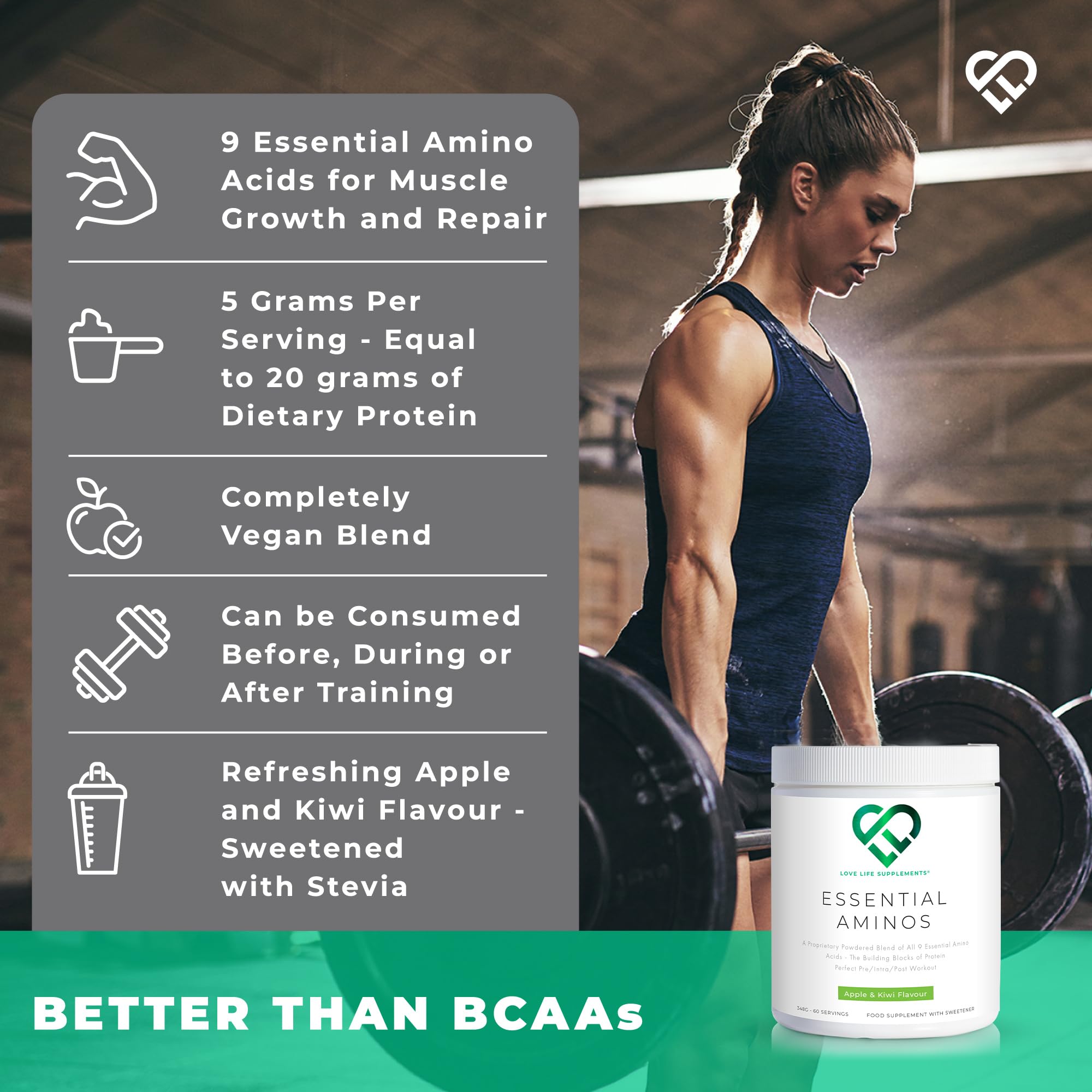 EAA Amino Acids Powder with All 9 Essential Amino Acids & BCAA - 2g Leucine per Serving, Apple Kiwi Flavor, 348g (60 Servings) - Love Life Supplements | Pre-Workout & Post-Workout Recovery for Athletes & Fitness Enthusiasts