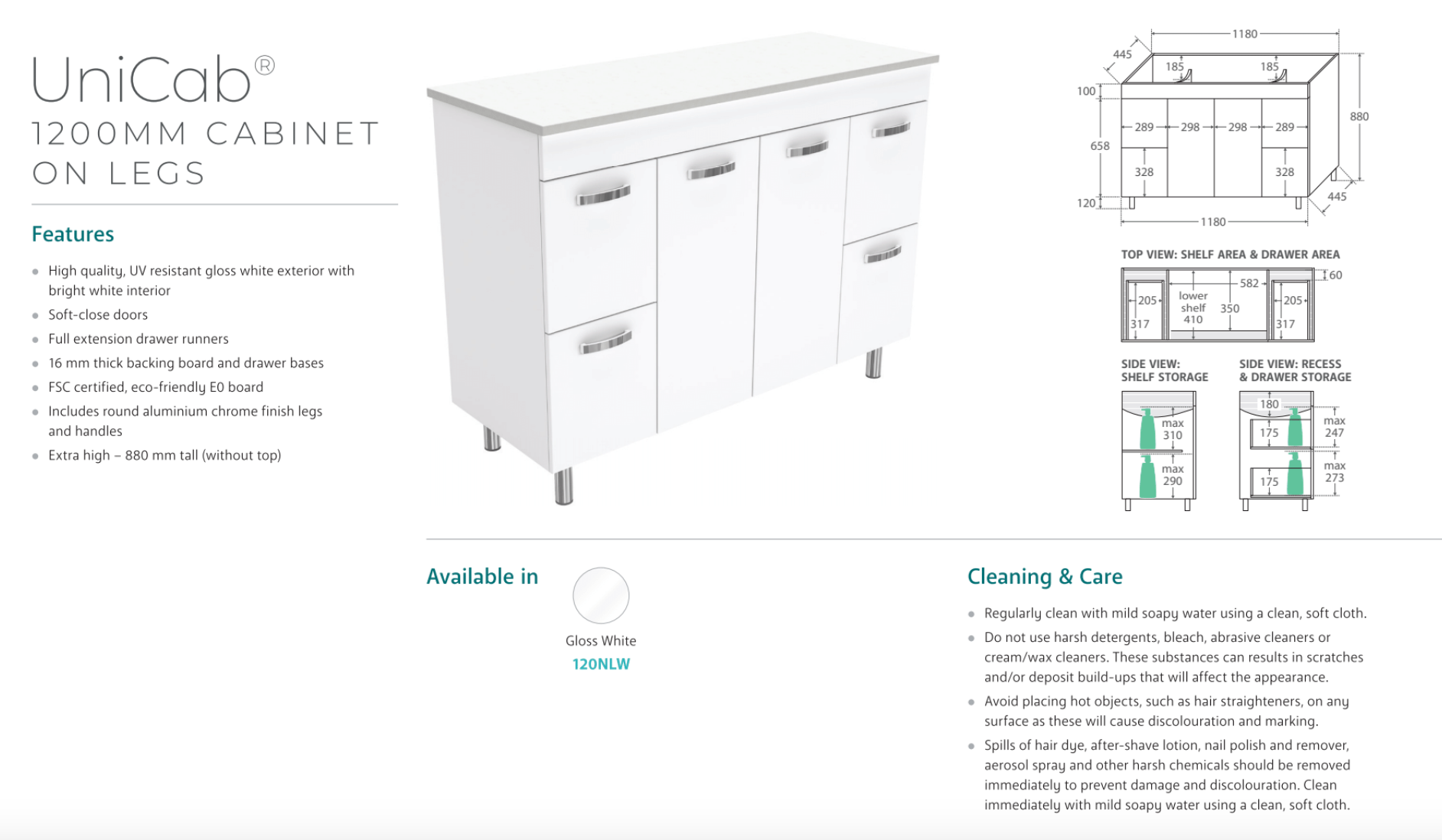 Fienza CIT120NLW Citi 1200mm White Ceramic Bathroom Sink with Vanity on Legs - Perfect for Modern Bathroom Renovation and Small Space Design