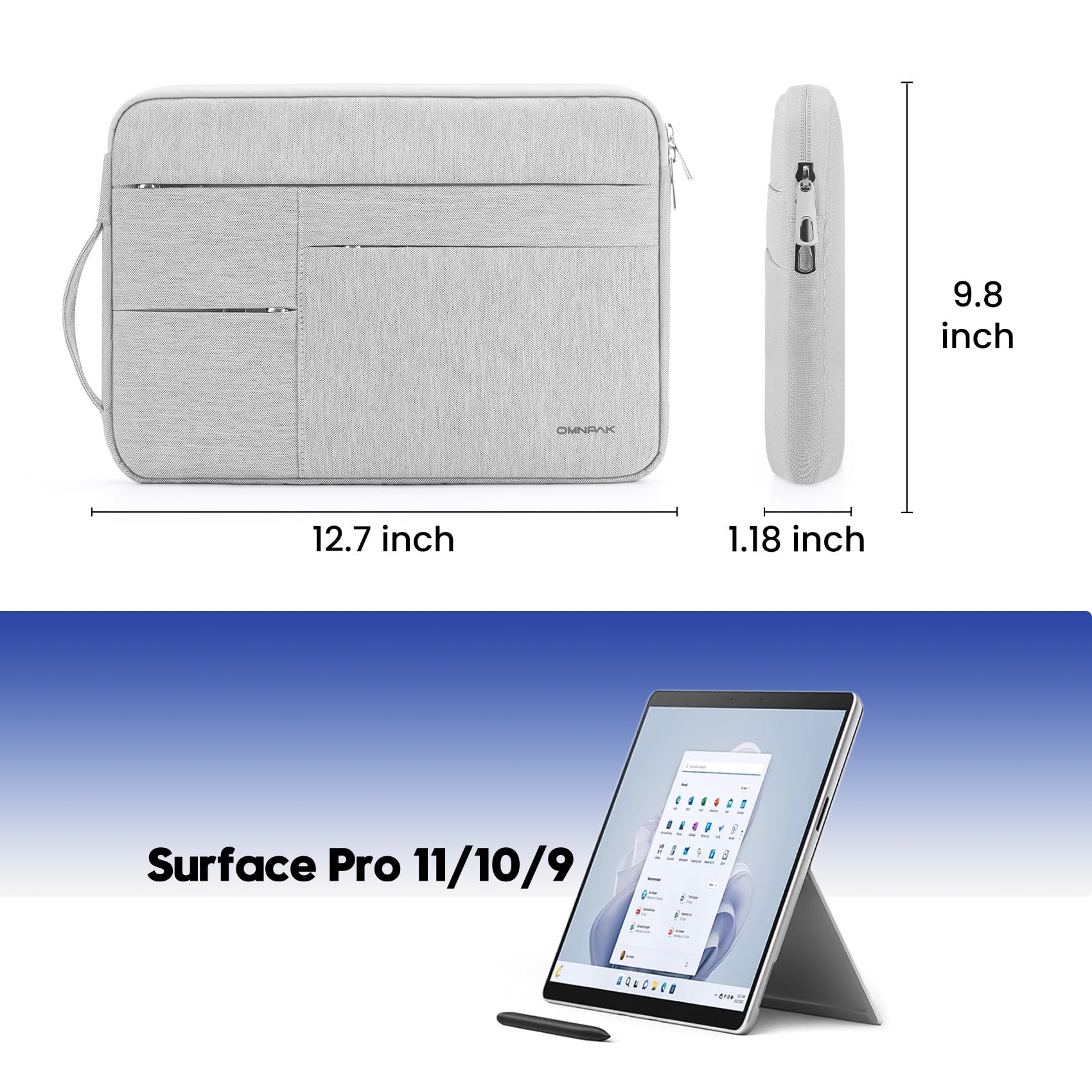 Omnpak Water-Resistant 13-inch Laptop Sleeve Case for Microsoft Surface Pro 9/8/7+/7/6/5/4/3 - Multi-Pocket Protective Carrying Bag with Side Handle Strap - Perfect for Work, Travel & School