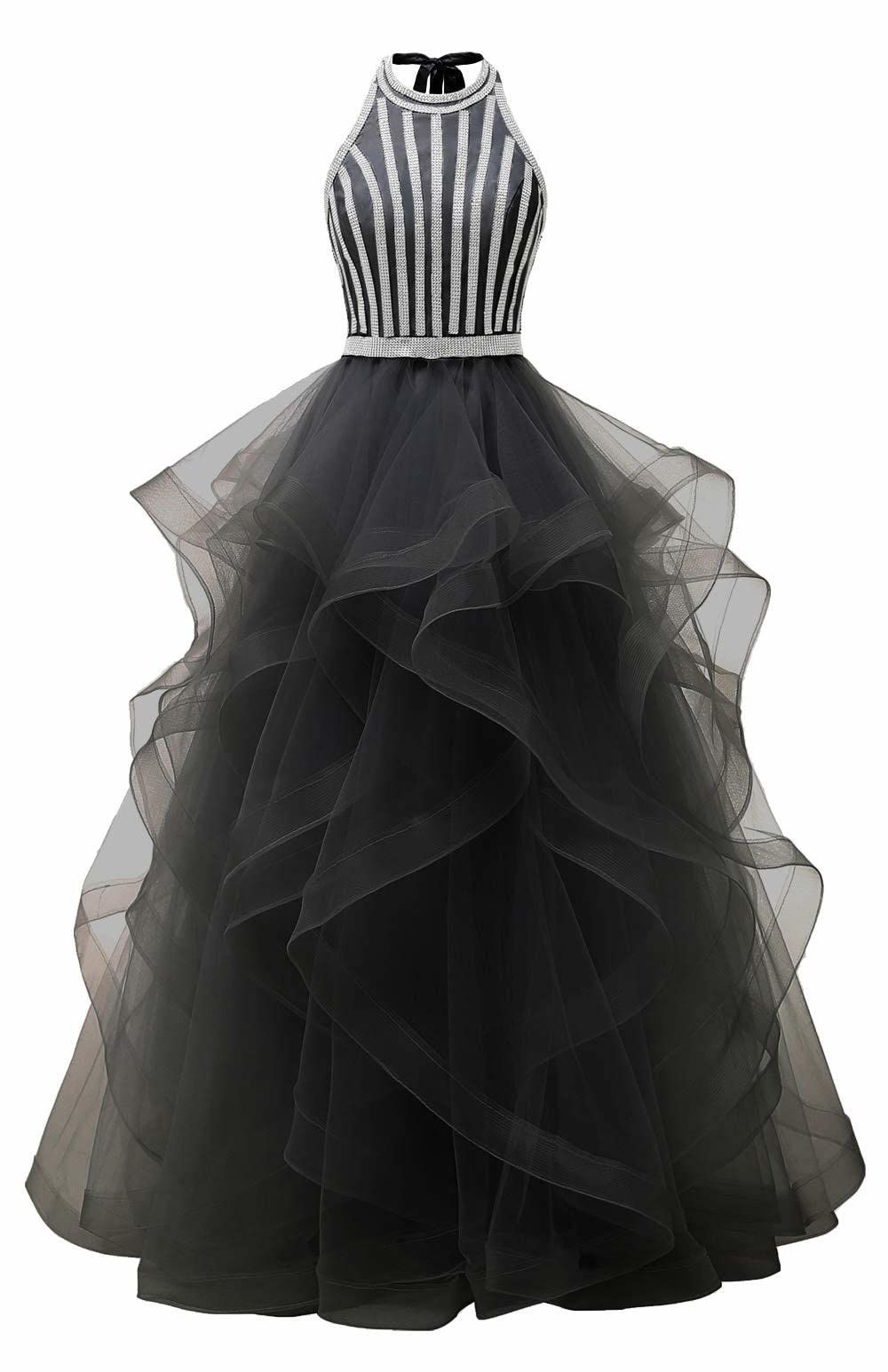 Elegant Beaded Women's Prom Dresses - Tiered Formal Evening Gown with Halter Neckline | Perfect for Homecoming, Ball, Wedding & Special Occasions