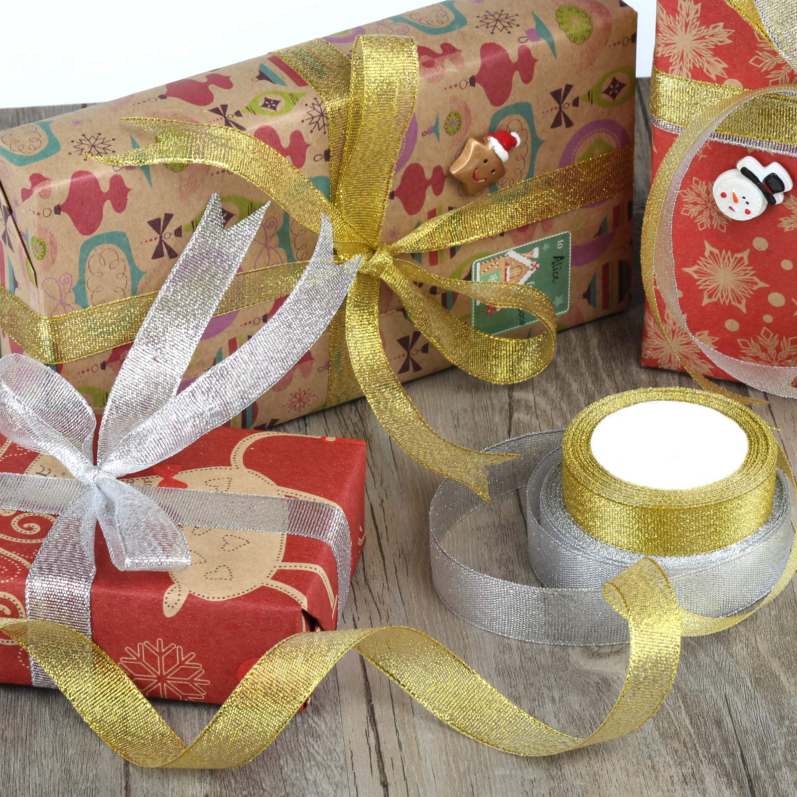50 Yard Silver & Gold Ribbon for Christmas Tree Decorations, Gift Wrapping, Hair Bows, Floral Crafts - 4/5 Inch Wide - Perfect for Holiday DIY Projects, Party Decor, and Wedding Bouquets