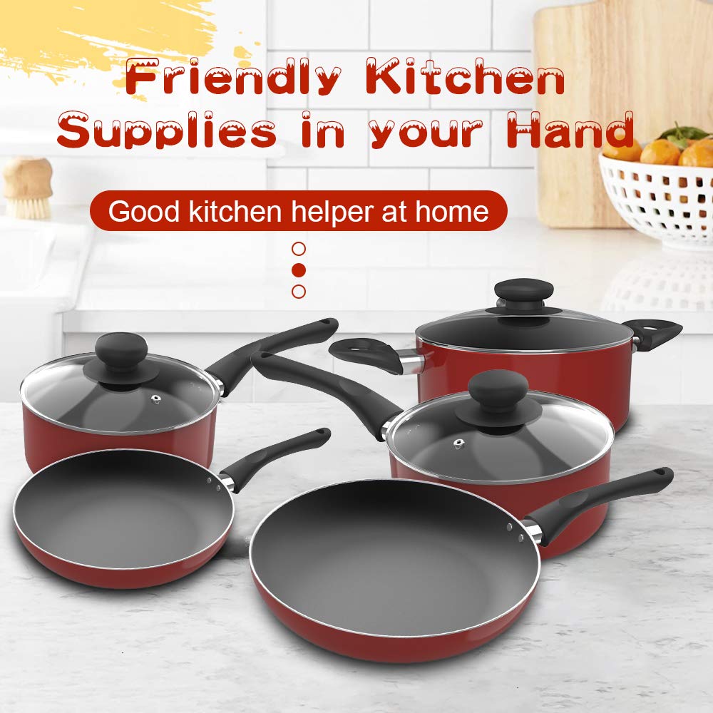 Premium 8-Piece Aluminum Alloy Non-Stick Cookware Set - Pots & Pans with Durable Coating (Red) - Perfect for Home Cooking, Baking & Healthy Meal Prep
