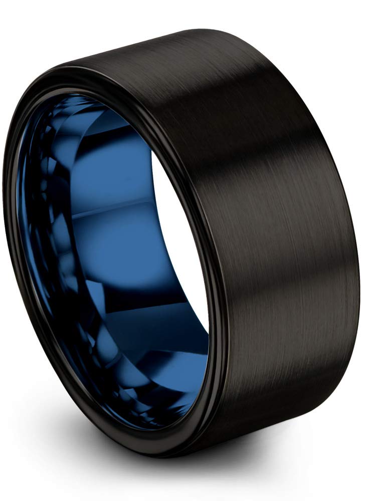 Tungsten Carbide Wedding Band Ring 10mm for Men & Women - Blue Black Interior, Flat Cut, Brushed & Polished Finish - Personalized Custom Engraving - Anniversary, Engagement & Wedding Gift - Perfect for Everyday Wear & Special Occasions