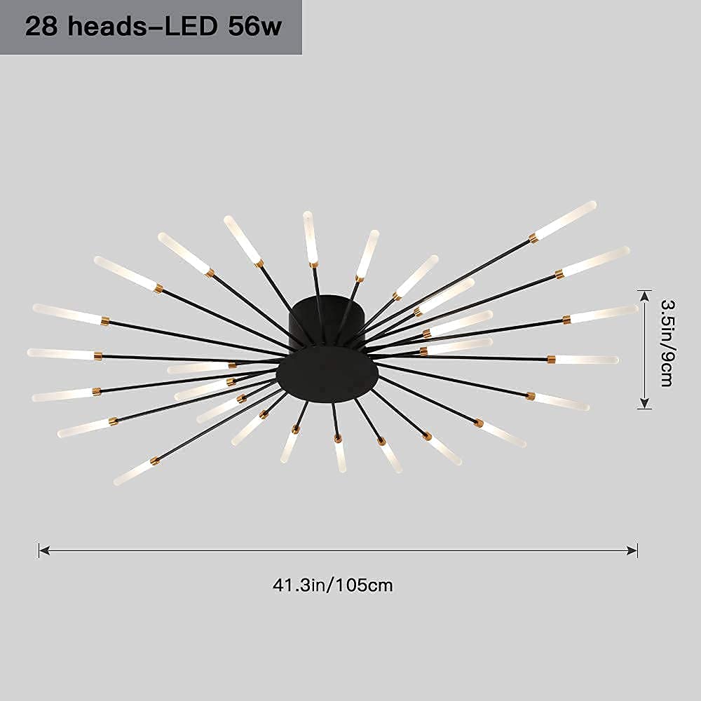 Modern Flower Shape Ceiling Light Fixture - 28-LED Sputnik Firework Petal Chandelier for Dining Room, Kitchen, Hallway | Flush Mount Metal & Acrylic Design (Matte Black) | Perfect for Modern Home Decor, Restaurant Lighting and Commercial Spaces