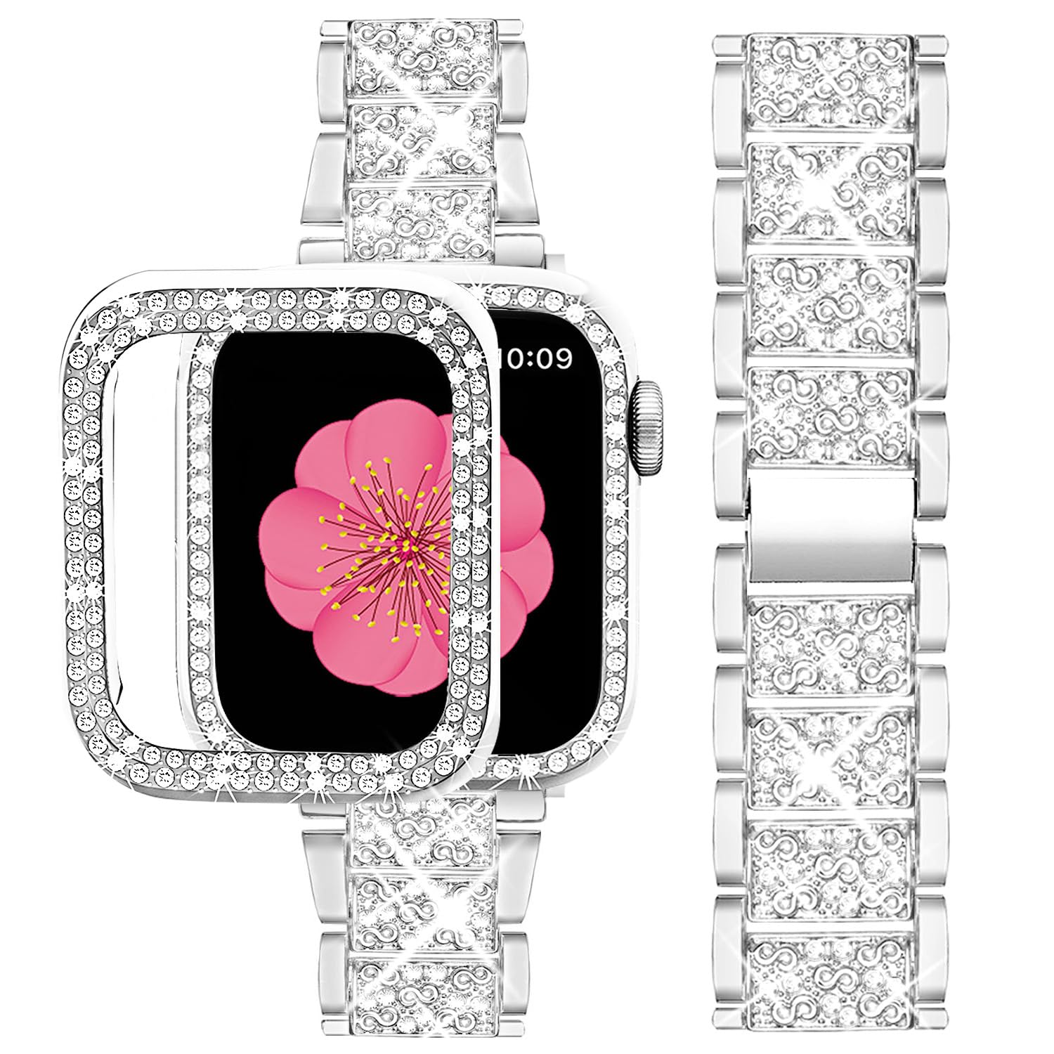 SUPOIX Luxury Bling Diamond Metal Band & 2 Pack Protective Case for Apple Watch Series 9/8/7 45mm - Elegant Jewelry Watch Strap for Women with Durable Cover (Silver) | Perfect for Daily Wear, Workouts & Special Occasions
