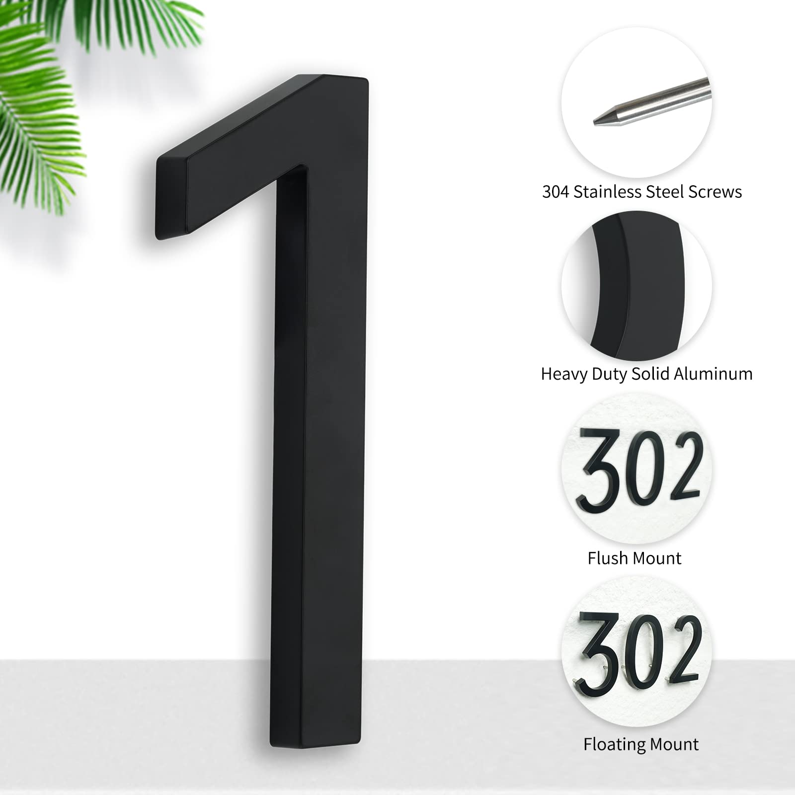 7 Inch Black Metal House Numbers for Outside - Floating Flush Mount Aluminum Address Plaque for Home, Mailbox & Front Door (Weatherproof & Durable) - Perfect for Modern House Exterior, Porch & Curb Appeal