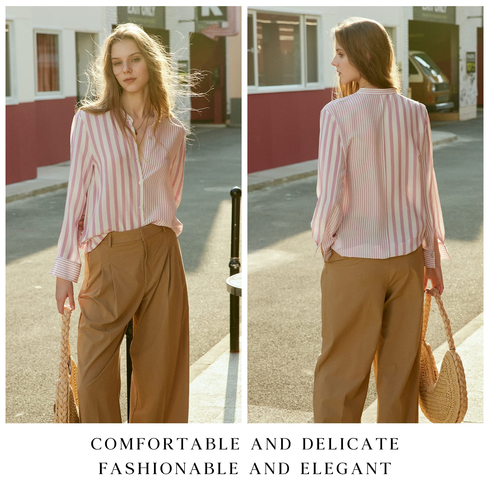 COLD POSH Women's 100% Pure Silk Blouse - Long Sleeve Button Down Shirt for Spring & Summer | Elegant Soft Classic Fit Fashion Top for Work & Casual Wear | White & Pink Striped | Perfect for Office, Date Night & Special Occasions