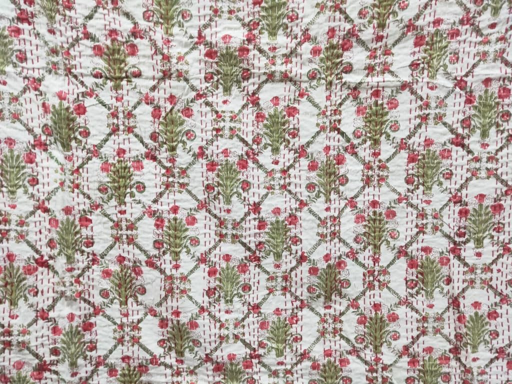 Handmade Indian Kantha Quilt - 100% Cotton Super Soft Queen Size Bedspread, Throw Blanket & Bed Cover (White, 90x60 Inches) - Perfect for Cozy Bedroom Decor, Guest Room Essentials & Boho Chic Home Styling