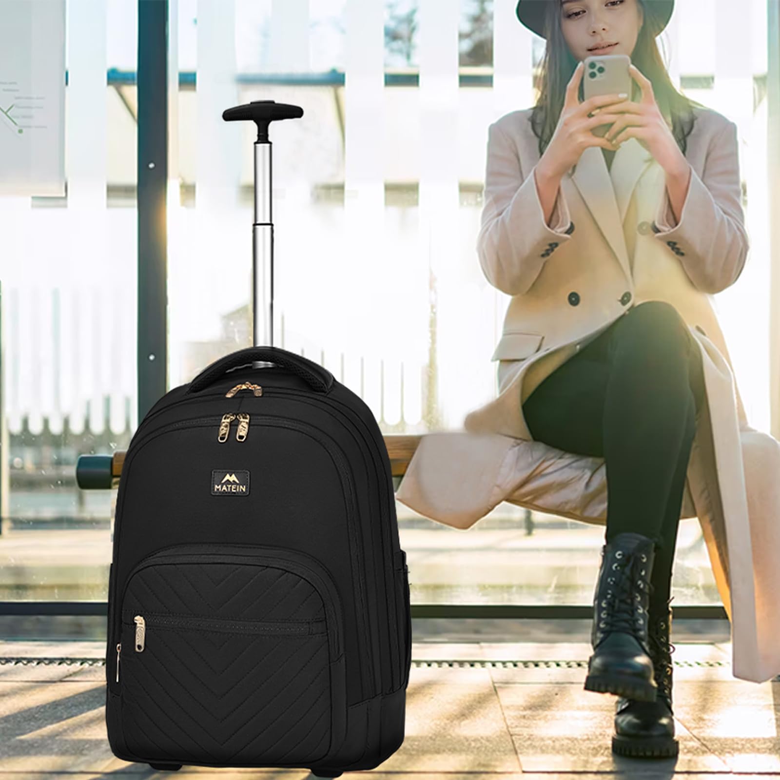 MATEIN 17 Inch Waterproof Rolling Backpack for Women - Wheeled Laptop Backpack with Extendable Handle, Large Carry-On Travel Backpack for Business, College & Airplane (Black) | Perfect for Commuting, Business Trips & School Use