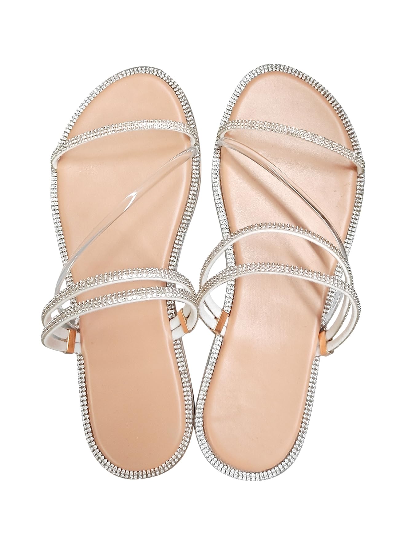 GORGLITTER Clear Rhinestone Flat Sandals - Women's Glitter Slip-On Slides for Beach, Wedding & Party | Dressy Summer Sandals with Sparkly Crystals