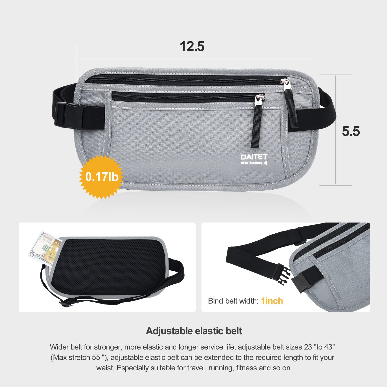 RFID Blocking Money Belt for Men & Women - Slim Travel Fanny Pack with Anti-Theft Protection - Waist Wallet for Passport, Phone, Cash (Light Grey) - Perfect for Running, Hiking & International Travel