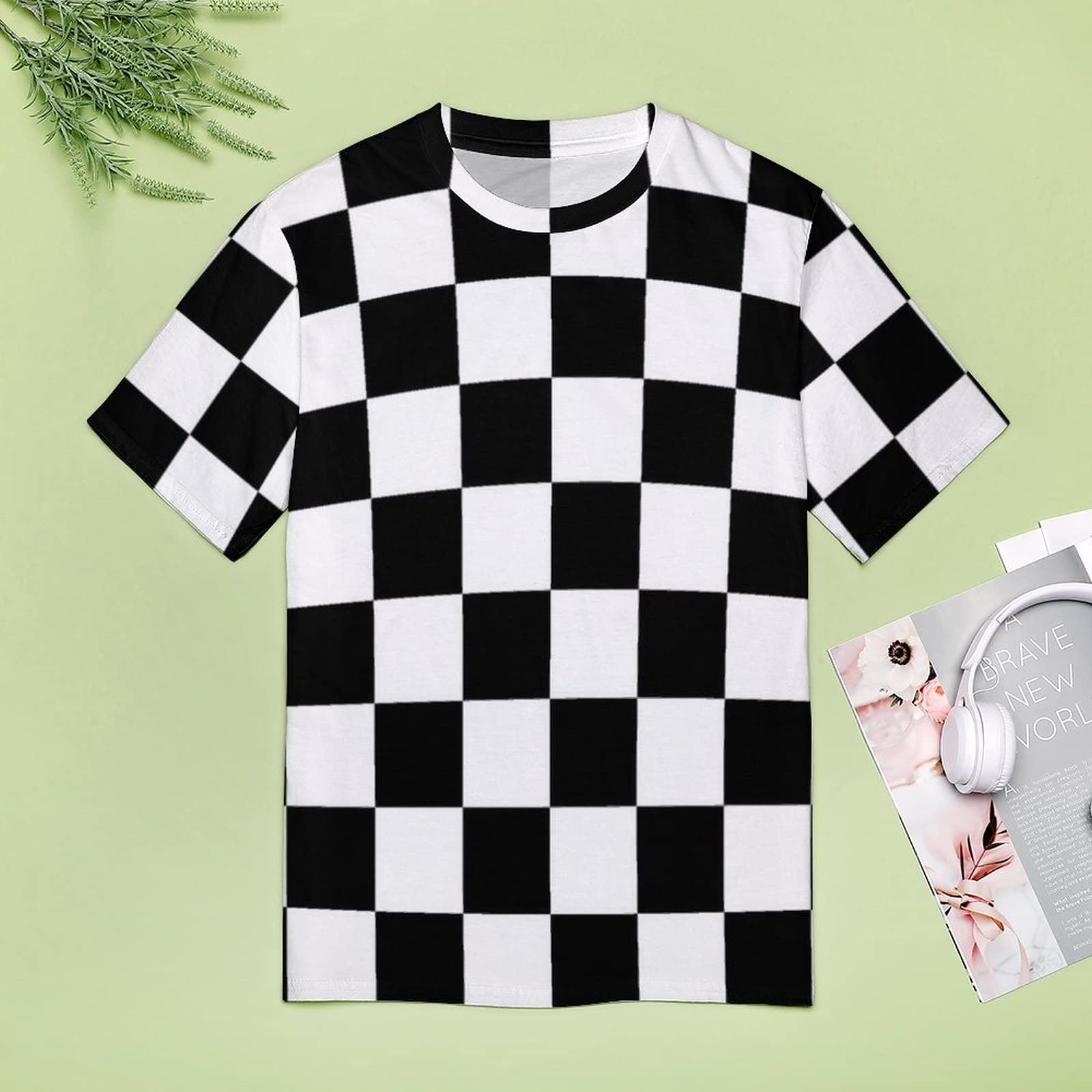 Bagea-Ka Women's Black & White Checkered Flag Graphic Print Short Sleeve T-Shirt | Race Day Outfit | Casual Streetwear Tee for Women | Perfect for Motorsport Events, Concerts & Everyday Wear