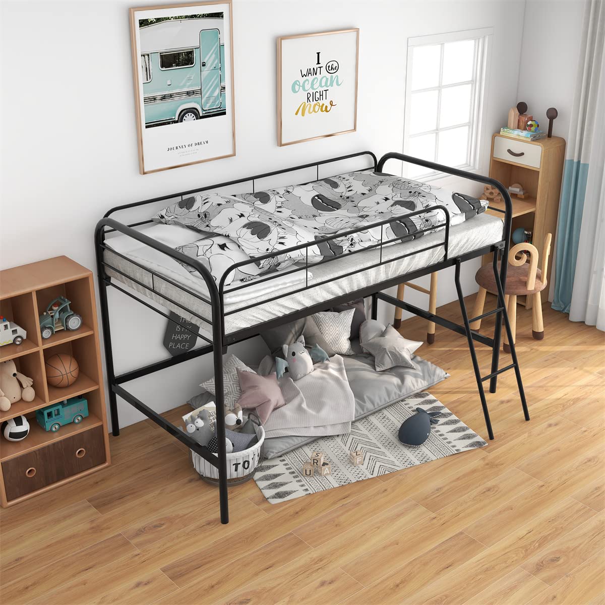**Triple Tree Twin Size Metal Low Loft Bed with Ladder & Safety Guardrails - Sturdy Frame, No Box Spring Needed, Black - Perfect for Kids' Bedroom, Dorm, or Small Space**