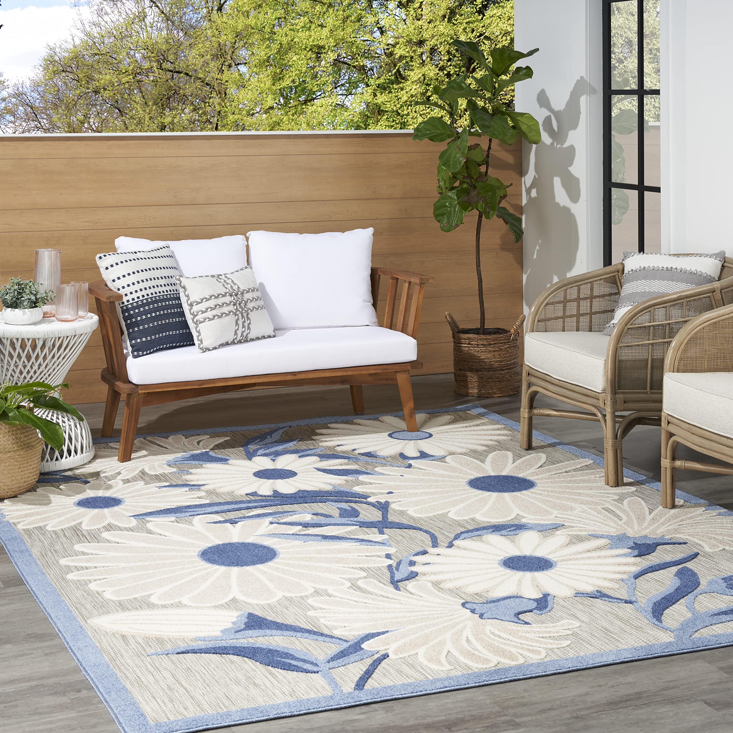 Nourison Aloha Indoor/Outdoor Blue/Grey 6' x 9' Area Rug - Easy to Clean, Non-Shedding, Stain Resistant | Perfect for Bedroom, Living Room, Dining Room & Kitchen Decor | Durable for High Traffic Areas & Pet-Friendly Homes