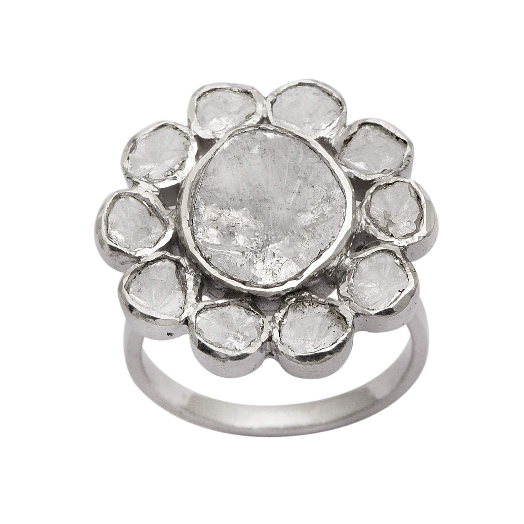1.80 CTW Natural Diamond Polki Traditional Cocktail Floral Ring - 925 Sterling Silver Platinum Plated Handmade Women's Jewelry for Weddings, Parties & Special Occasions
