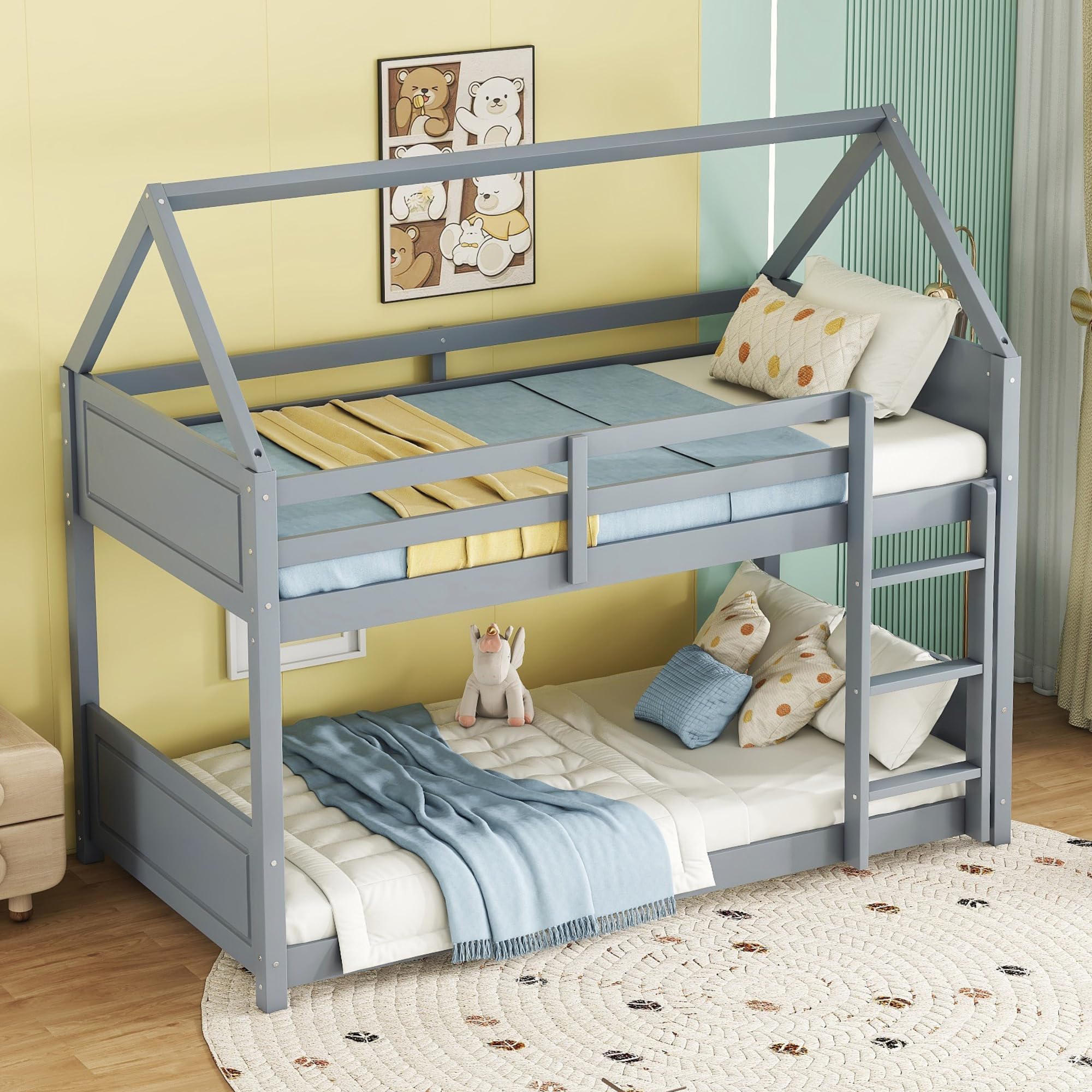 LZ LEISURE ZONE Twin Over Twin Bunk Bed with Guardrails & Ladder - Space-Saving Kids Bedroom Furniture, Light Gray - Perfect for Small Rooms, Shared Kids' Bedrooms & Sleepovers