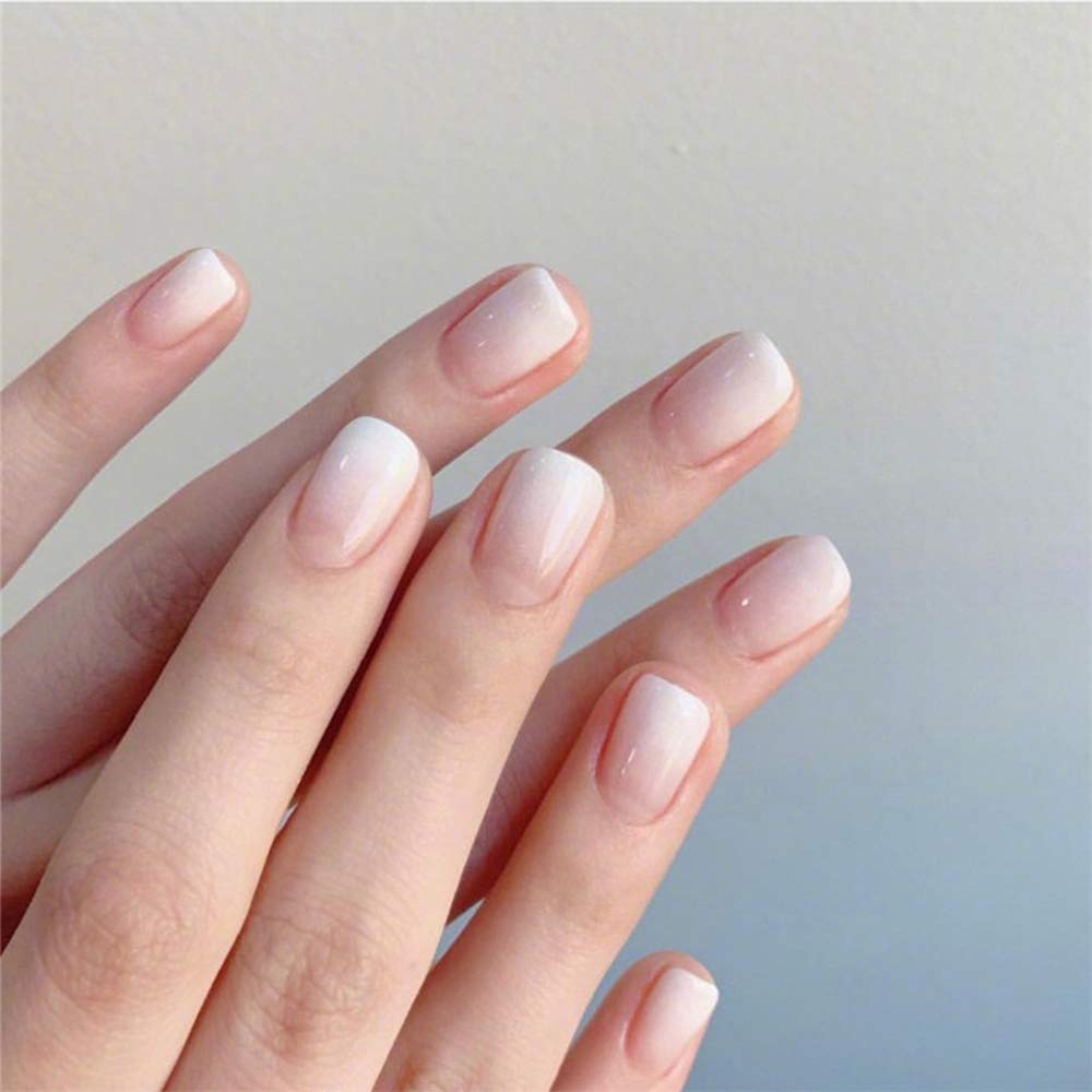 24Pcs French Ombre False Nails - Glossy Gradient Short Square Fake Nails with Glue & Salon Clip - Full Cover Acrylic Nails for Women & Girls (White) - Perfect for Parties, Weddings & Daily Wear
