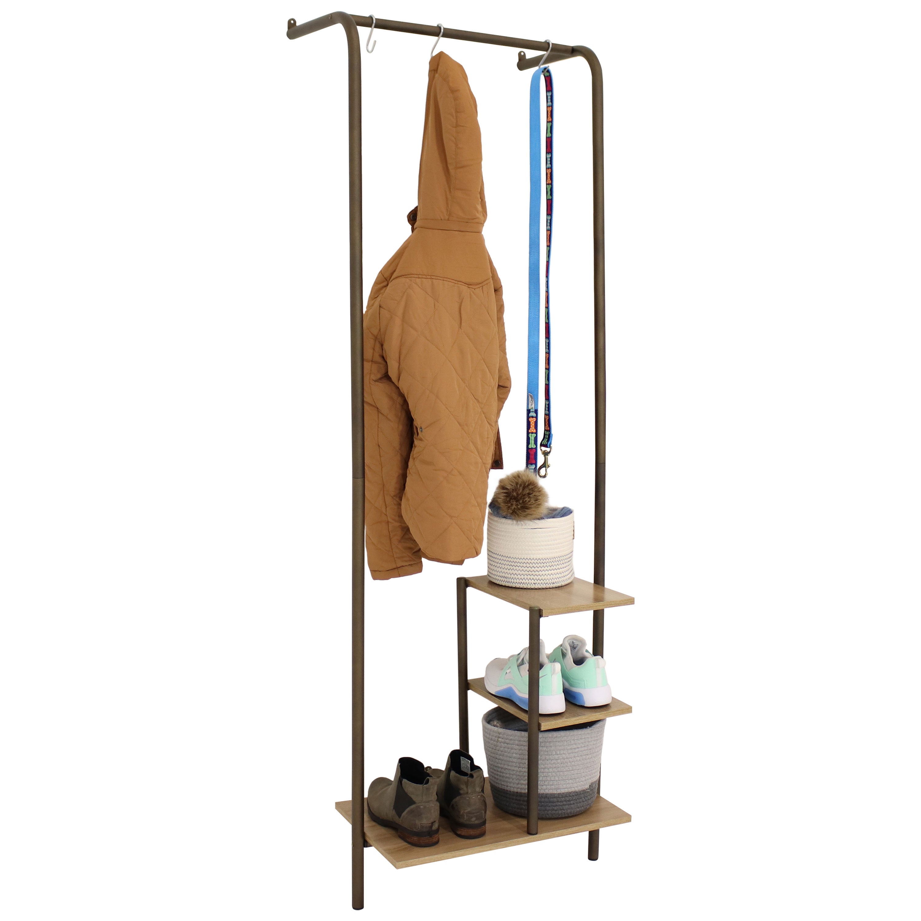 Sunnydaze Black Wall Mounted Garment Hanging Rack with Shelves - 67 Inch Closet Organizer for Bedroom, Laundry Room & Entryway Storage