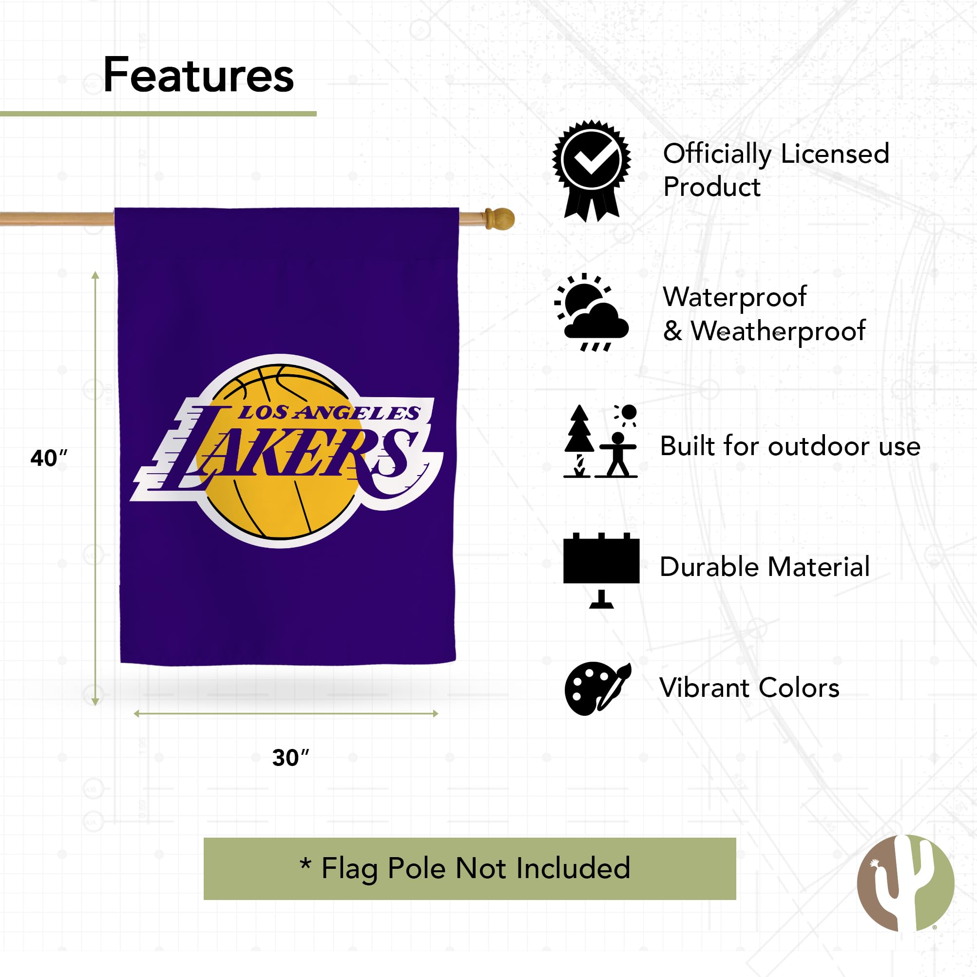 Los Angeles Lakers NBA Double Sided 3-Ply Polyester Flag - Desert Cactus Design Indoor/Outdoor Banner for Home, Office & Game Day Decor