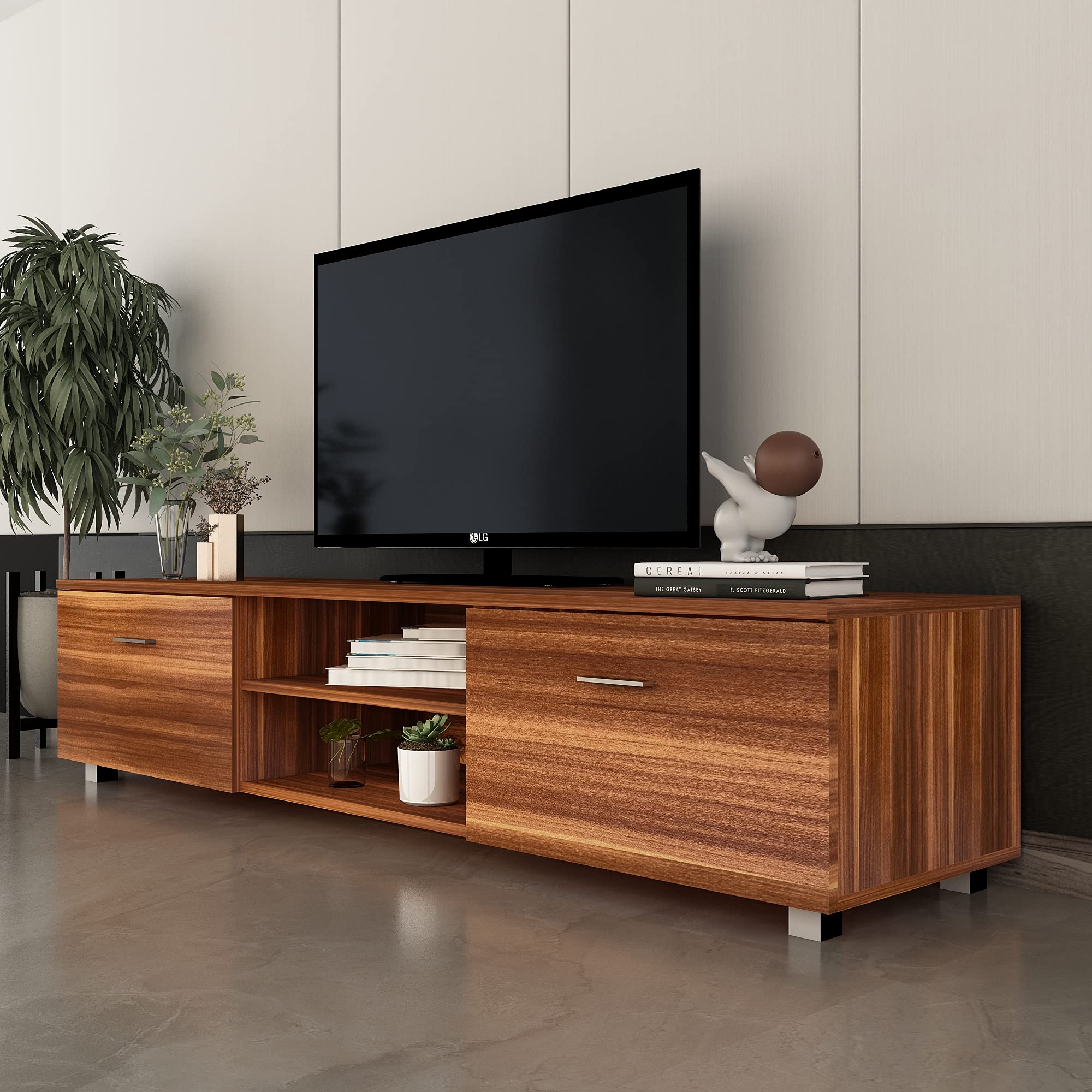 Goujxcy 70 Inch TV Stand with 2 Storage Cabinets & Open Shelves - Solid Wood Entertainment Center Media Console Table for Living Room, Bedroom (Brown) - Perfect for TV, Gaming & Home Theater Setup