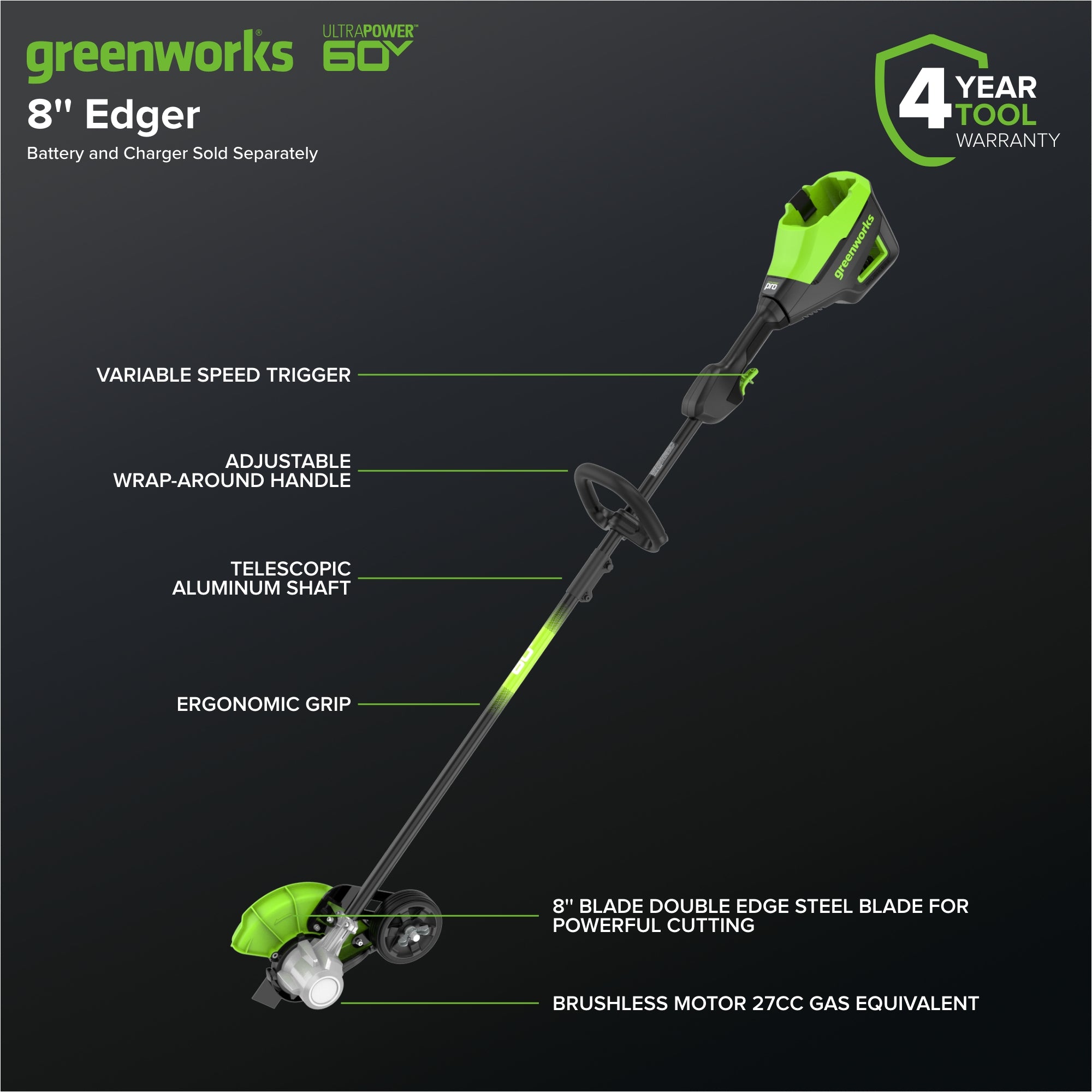 60V 8Ah Cordless Battery Lawn Edger - Black Shaft (Tool Only) | Perfect for Landscaping, Yard Trimming & Professional Lawn Care