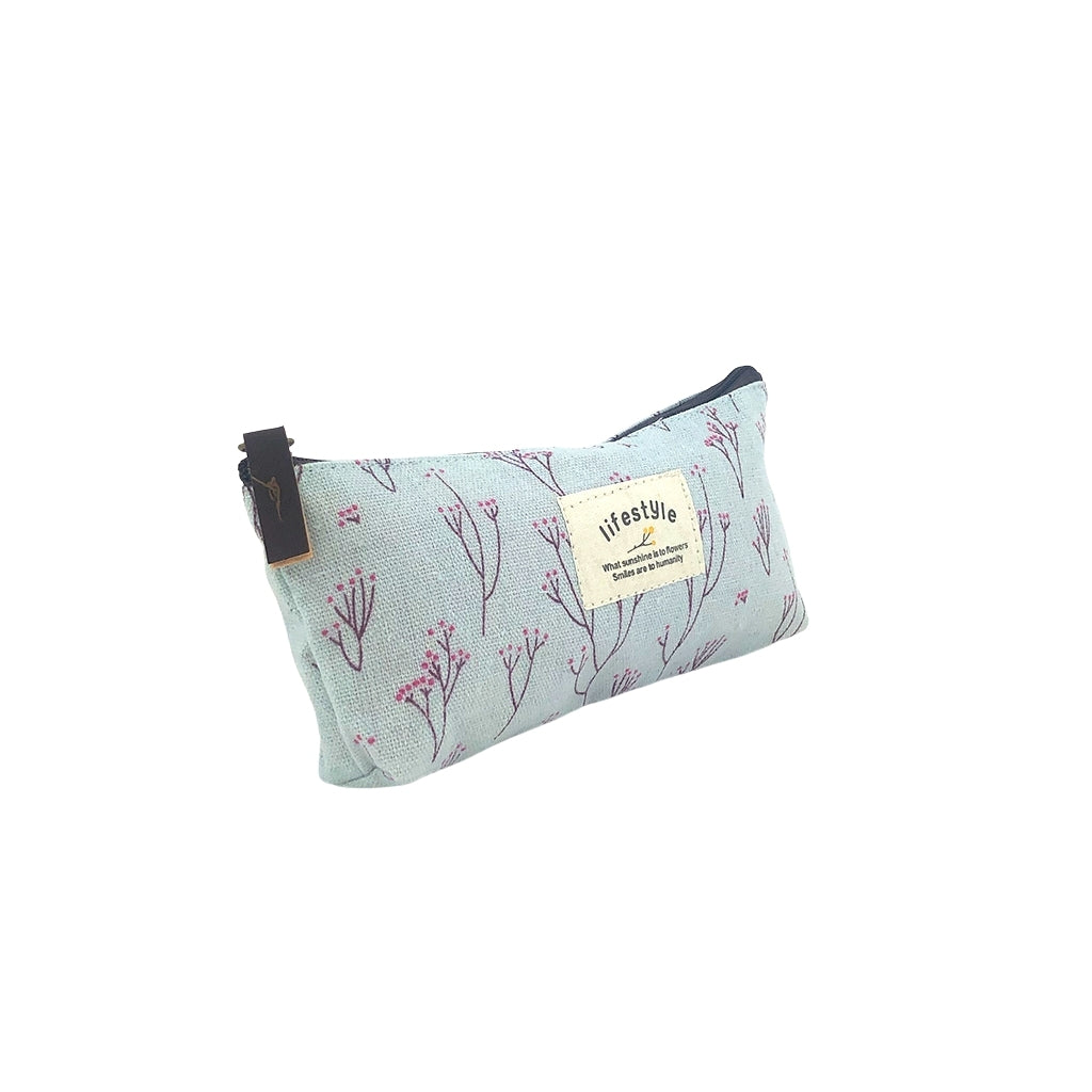 Kawaii Floral Blue Canvas Pencil Case for School, Office & Travel - Cute & Durable Stationery Organizer
