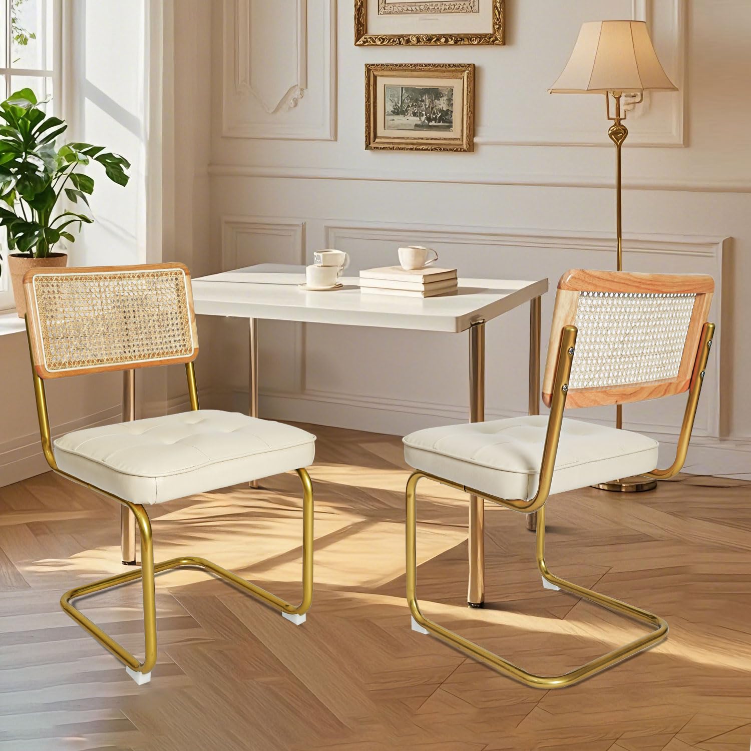 Modern Dining Chairs Set of 2 - Upholstered Faux Leather Seat with Rattan Backrest & Metal Legs, Armless Accent Chairs for Kitchen, Dining Room, Cafe, Restaurant - Beige Home Decor