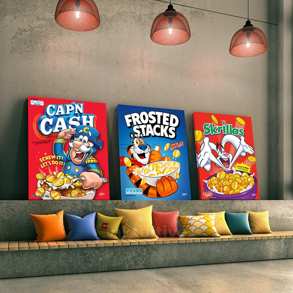 Inktuitive 'Breakfast of Champions Set' Motivational Wall Art - Funny Cereal Canvas Print - Inspirational Décor for Bedroom, Living Room & Office - 16x12 Inches - Perfect for Home, Office & Gifts