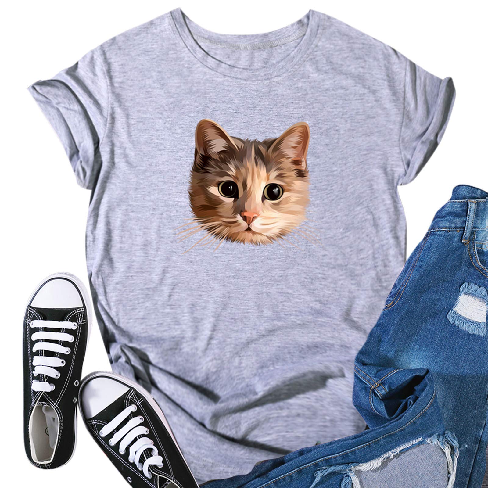 Women's Casual Cute Animal Print Short Sleeve T-Shirt - White O-Neck Pullover Blouse for Ladies | Perfect for Everyday Wear, Summer Outfits and Casual Fashion
