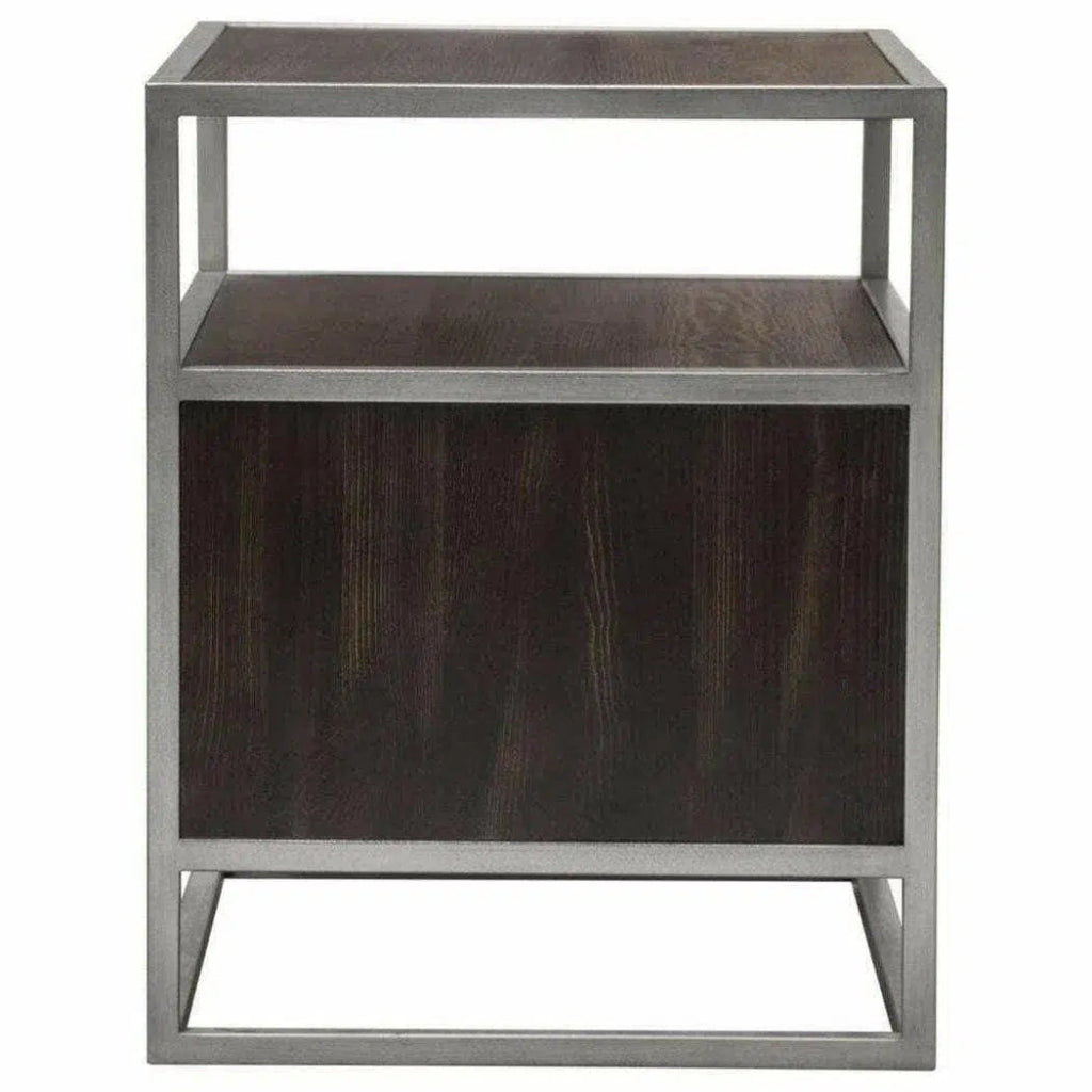 Dark Brown 2-Door End Table with Silver Metal Frame - Perfect for Living Room, Bedroom, or Office Side Table