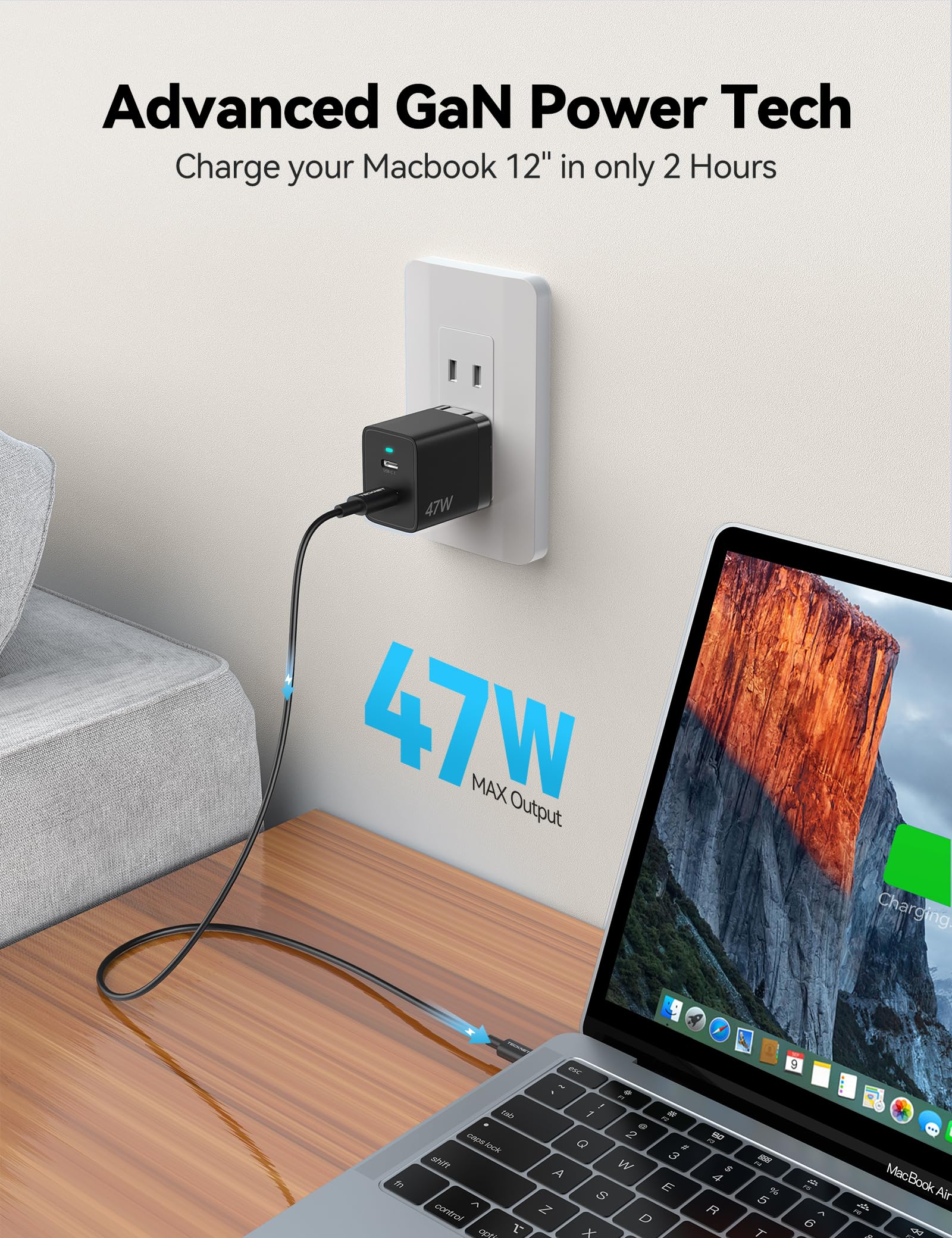 TECKNET 47W GaN USB C Charger, PD3.0 Fast Charger Block with Foldable Plug - Dual Port Wall Charger for iPhone 15 Pro Max/15 Plus/15 Pro/15/14/13/12, Samsung Galaxy S23, iPad Pro, Google Pixel, Nintendo Switch - Perfect for Travel & Home Charging
