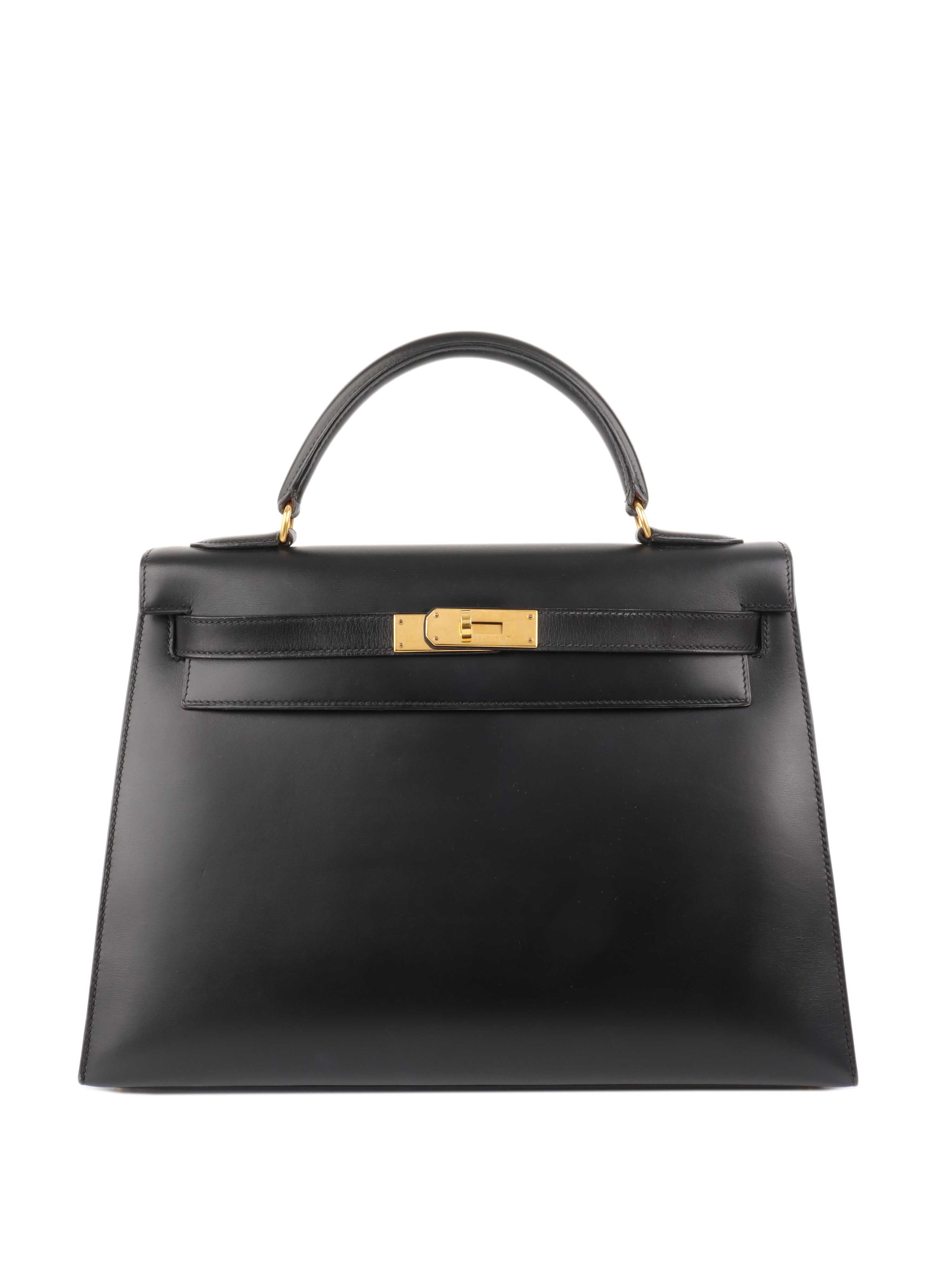Authentic Hermes Vintage Black Box Calf Leather Kelly 32 Handbag - Luxury Designer Shoulder Bag for Women, Perfect for Work, Travel & Special Occasions