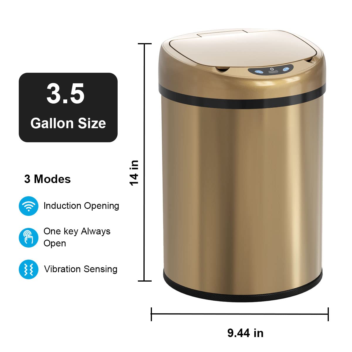 Smart Trash Can 3.5 Gallon Automatic Sealing Stainless Steel Garbage Bin - Touchless Sensor Trash Can with Odor Control for Kitchen, Bathroom, Office - Hands-Free Waste Disposal Solution (Champagne Gold)
